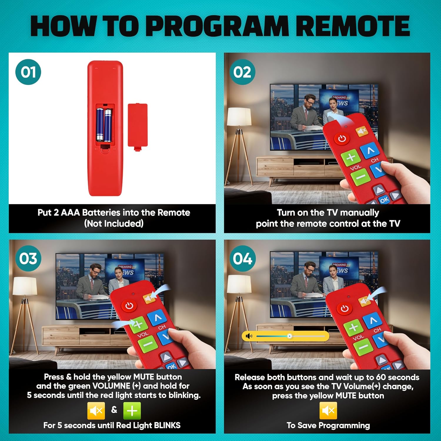Plus Big Button Universal TV Remote (Red) Simple Easy to Use, Works with Major TV Brands (2xAAA Batteries Not Included)
