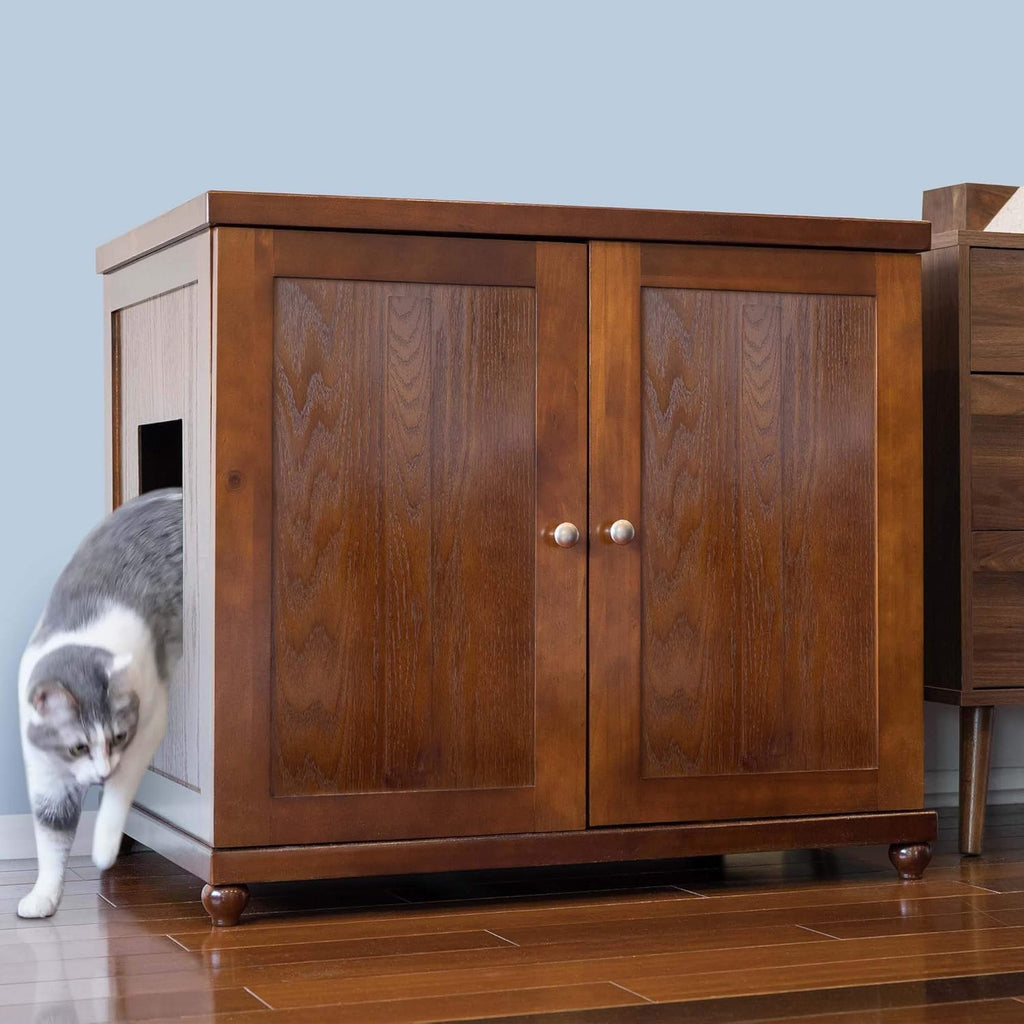 THE REFINED FELINE Cat Litter Box Enclosure Cabinet, Shaker, Mahogany Brown, Tulip Feet, XLarge, Hidden Litter Cat Furniture with Drawer