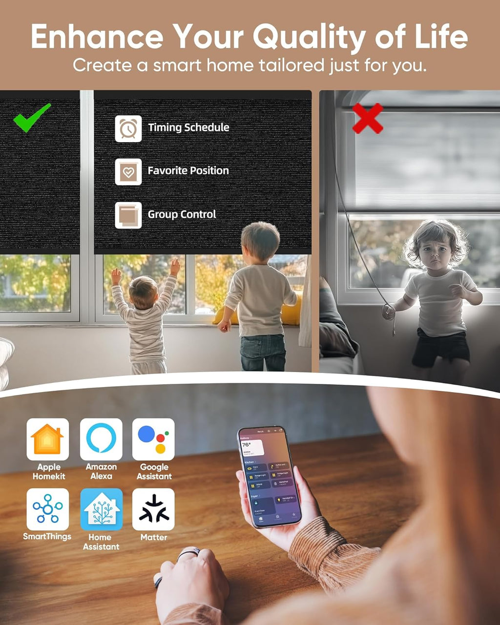 Kincmo Motorized Blinds with Remote,100% Blackout Motorized Roller Shades Work with Apple Homekit,Alexa,Google, Custom Electric Blinds with App,Voice Control (Atlantic Black)