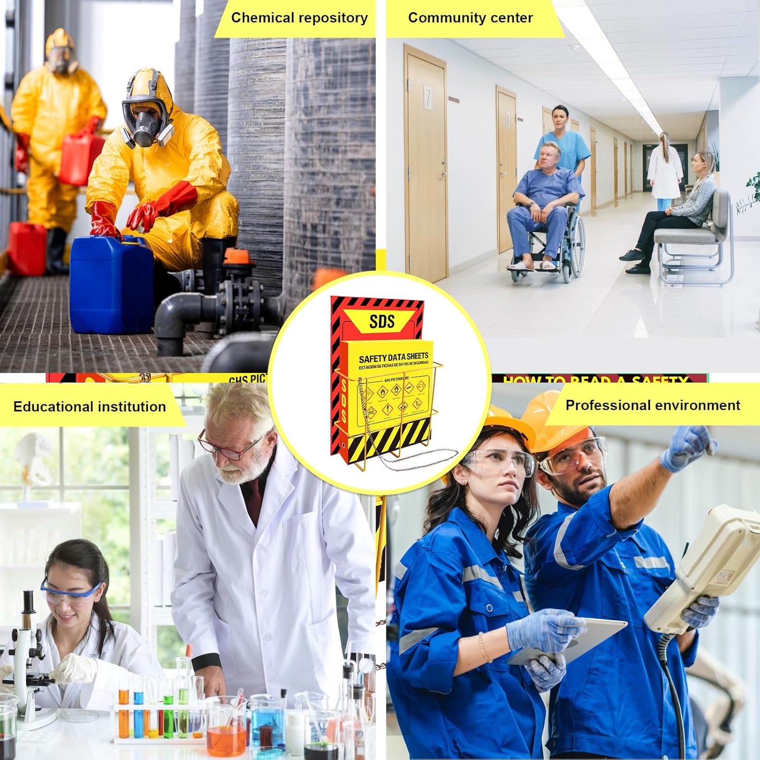 Lontcs MSDS SDS Binder and Wall Station Set,Yellow Heavy Duty 3 Inch Material Safety Data Sheet 3 Ring Binder with SDS Wire Rack and Display Sign,Chain,Safety Posters,MSDS Labels,Binder Wall Mount