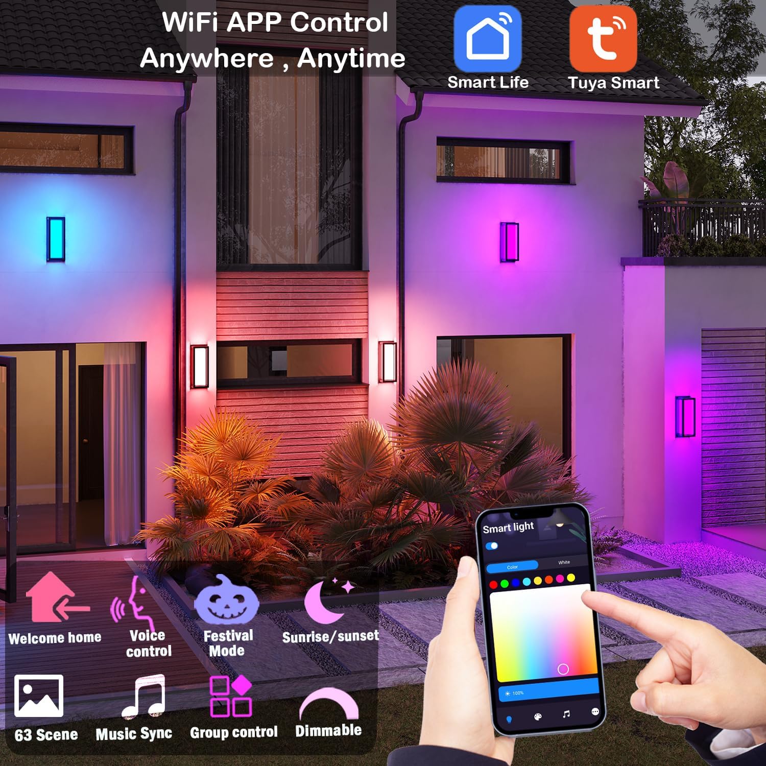 Smart Outdoor Lights Color Changing 2 Pack, RGB+2700K-6500K Outdoor Wall Sconce Aluminum Exterior Lighting Fixtures Waterproof Antirust, APP Control Up and Down Lights