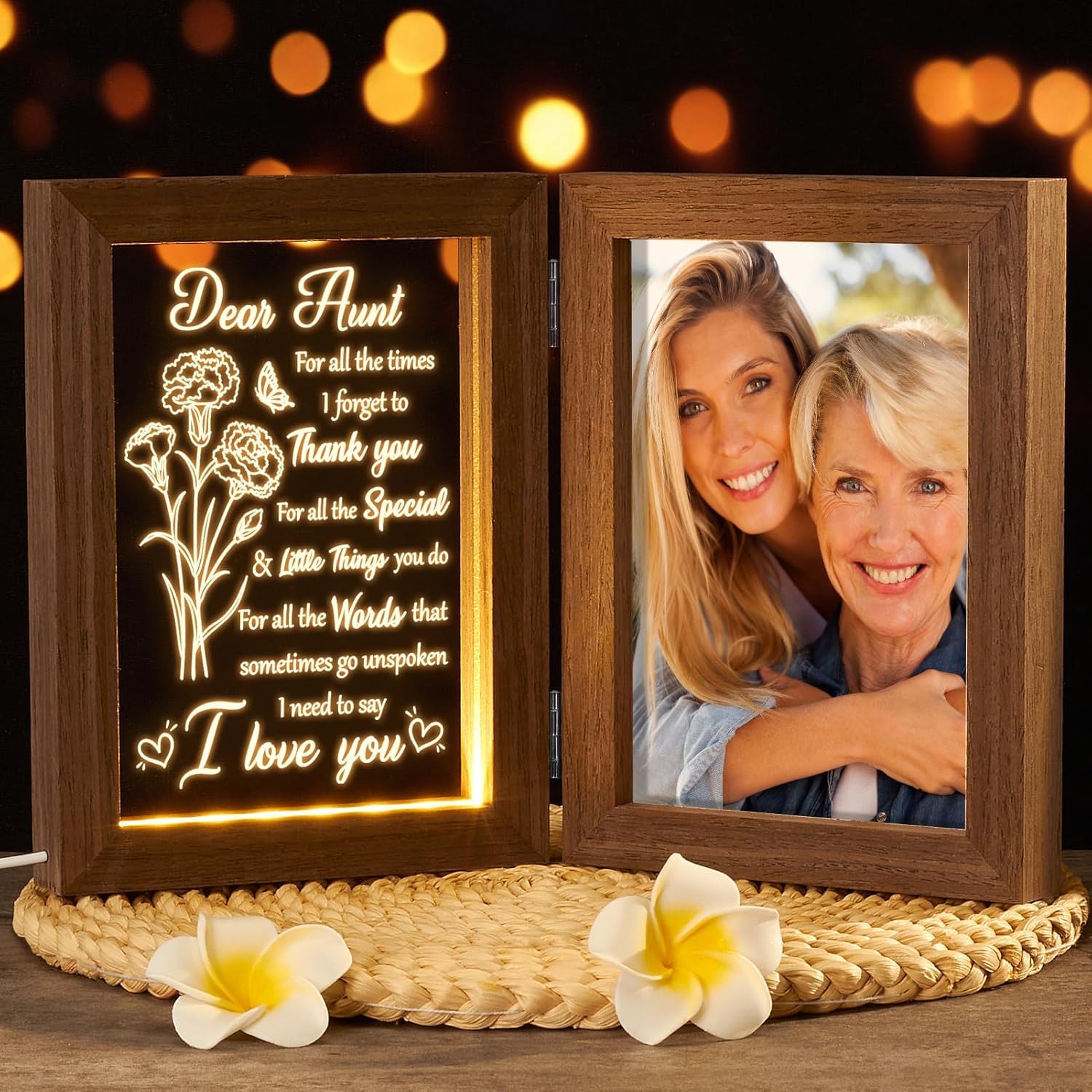 Aunt Gifts from Niece Nephew Aunt Christmas Gifts Auntie Gift, Engraved Night Light with Aunts Picture Frame Solid Wood, Best Auntie Ever Aunts Birthday Gift for Women - 5x7 Photos Table Display