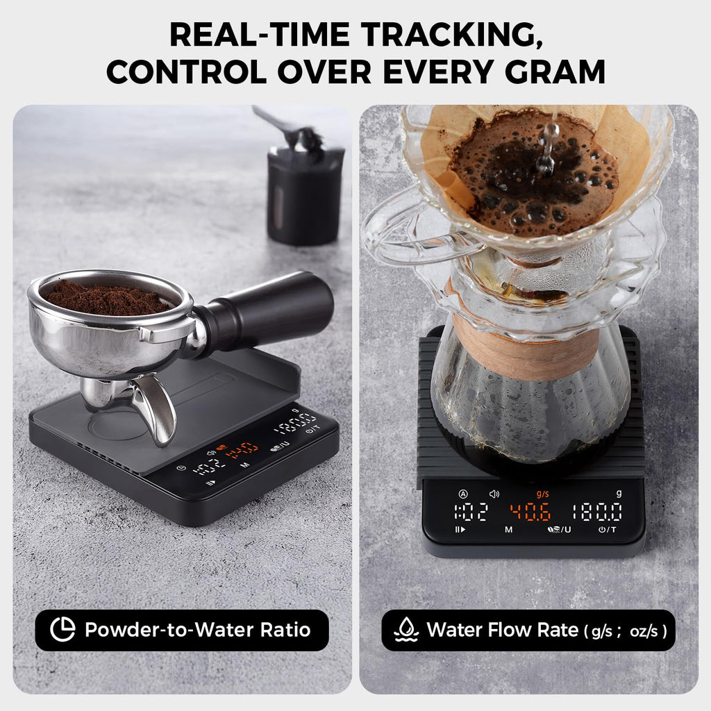 Mini Espresso Coffee Scale with Timer & Flow Rate, 2kg/0.1g Precision Digital Coffee Scale, Portable Espresso Scale Rechargeable via USB-C, Triple Brew Modes, LED Display, Mute Mode, g/oz/lb:oz