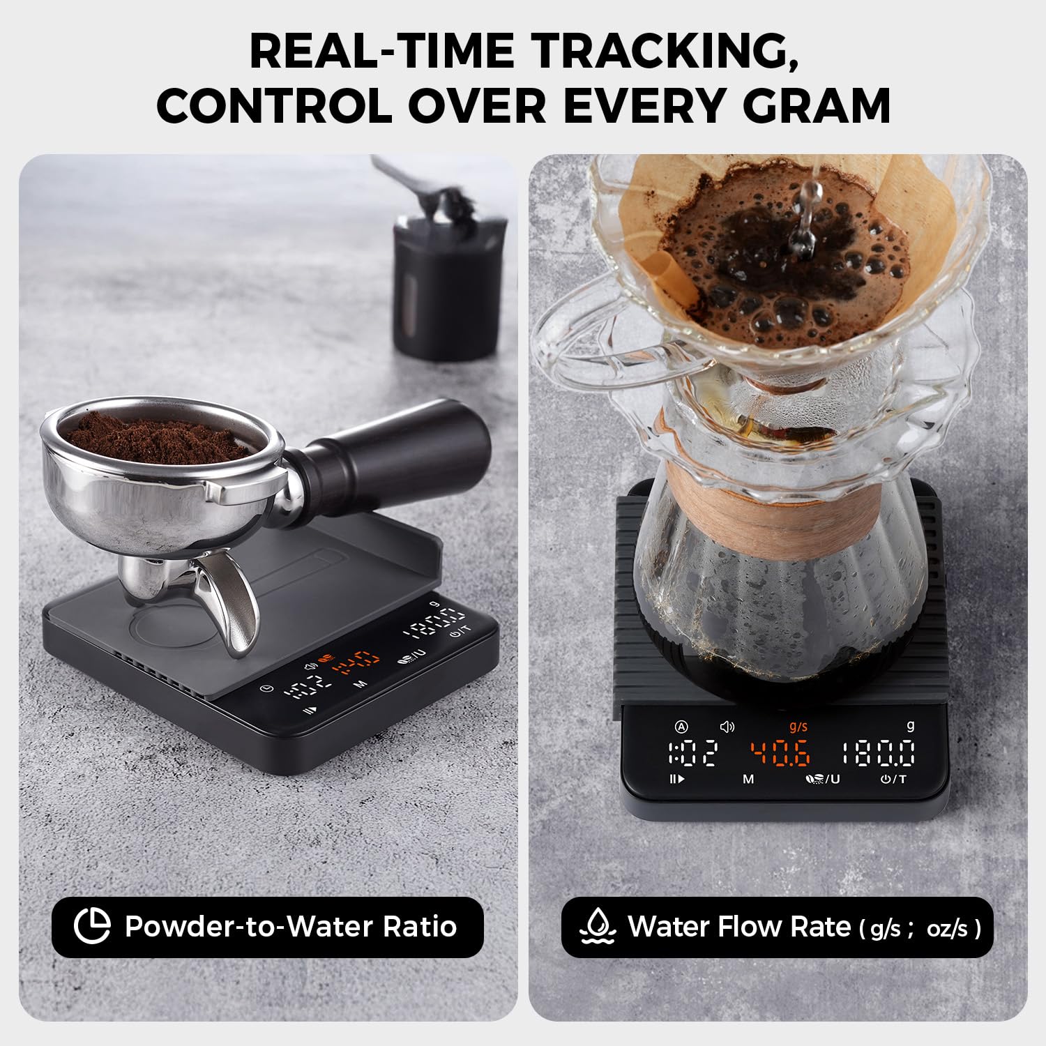 Mini Espresso Coffee Scale with Timer & Flow Rate, 2kg/0.1g Precision Digital Coffee Scale, Portable Espresso Scale Rechargeable via USB-C, Triple Brew Modes, LED Display, Mute Mode, g/oz/lb:oz
