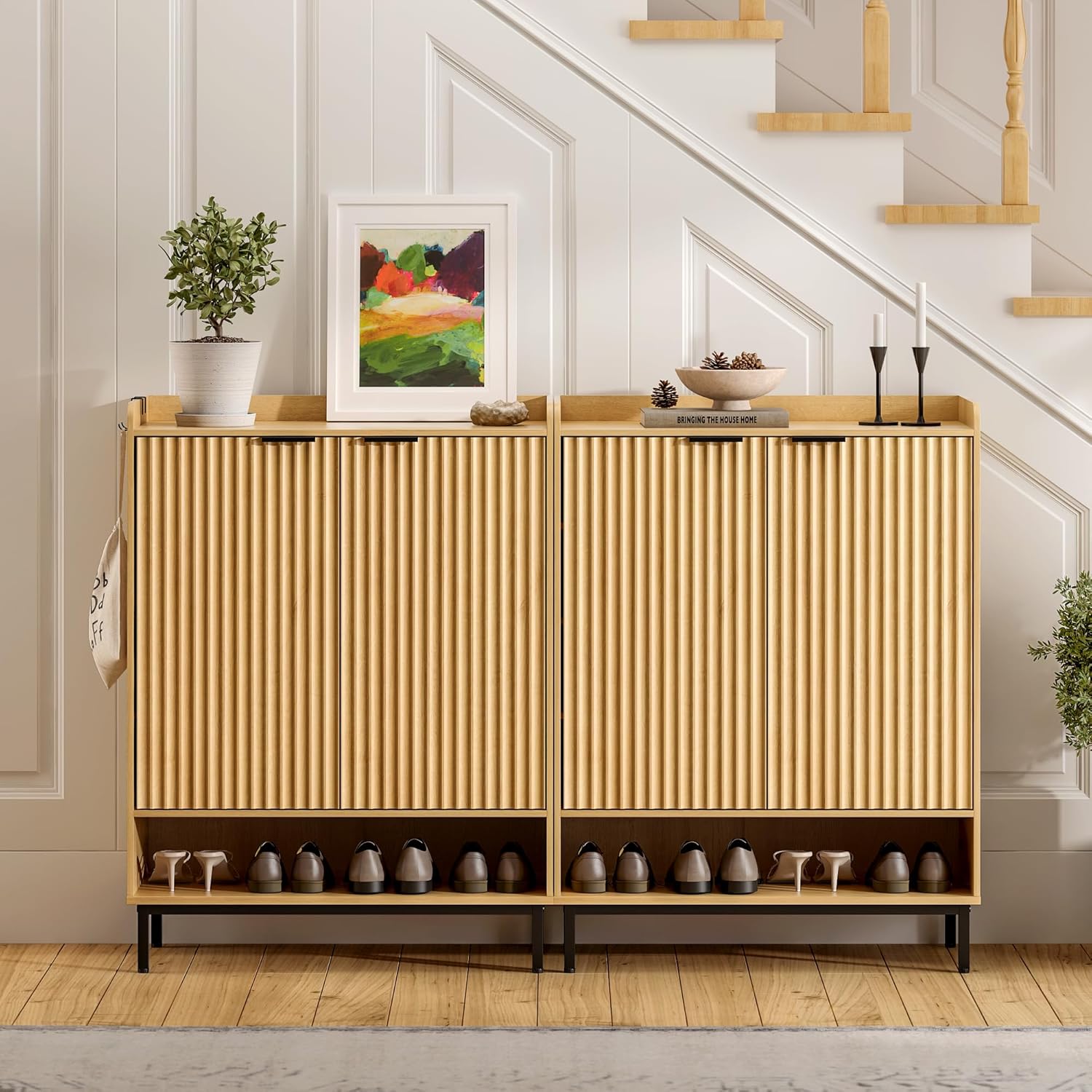 Fluted Shoe Cabinet with Doors, Large Wooden Shoe Storage Cabinet with Adjustable Shelves, Modern Tall Freestanding Shoe Rack Organizer for Entryway, Hallway Natural Oak
