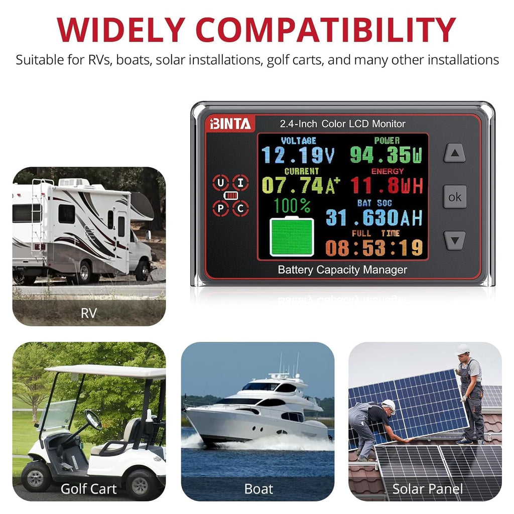 BINTA 500A Battery Monitor Shunt 8-100V 2.4 Inch Color Screen for Lifepo4 Lithium Sealed Gel Flooded Batteries, Backlight Waterproof Battery Monitor with Sliding Cover for Car RV Golf Cart Solar Panel