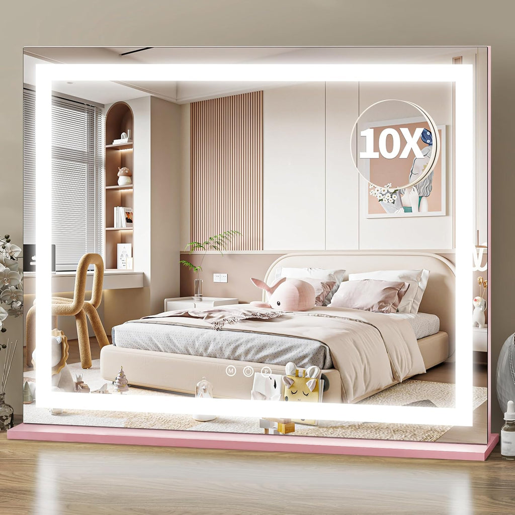 ROLOVE Pink Makeup Mirror with Lights 23x19 Inch, 3-Color Dimmable LED & Touch Control，10X Magnification - Pink Vanity Mirror for Dressing Room (Wall/Tabletop Mount) - Gifts for Women,Teengirls