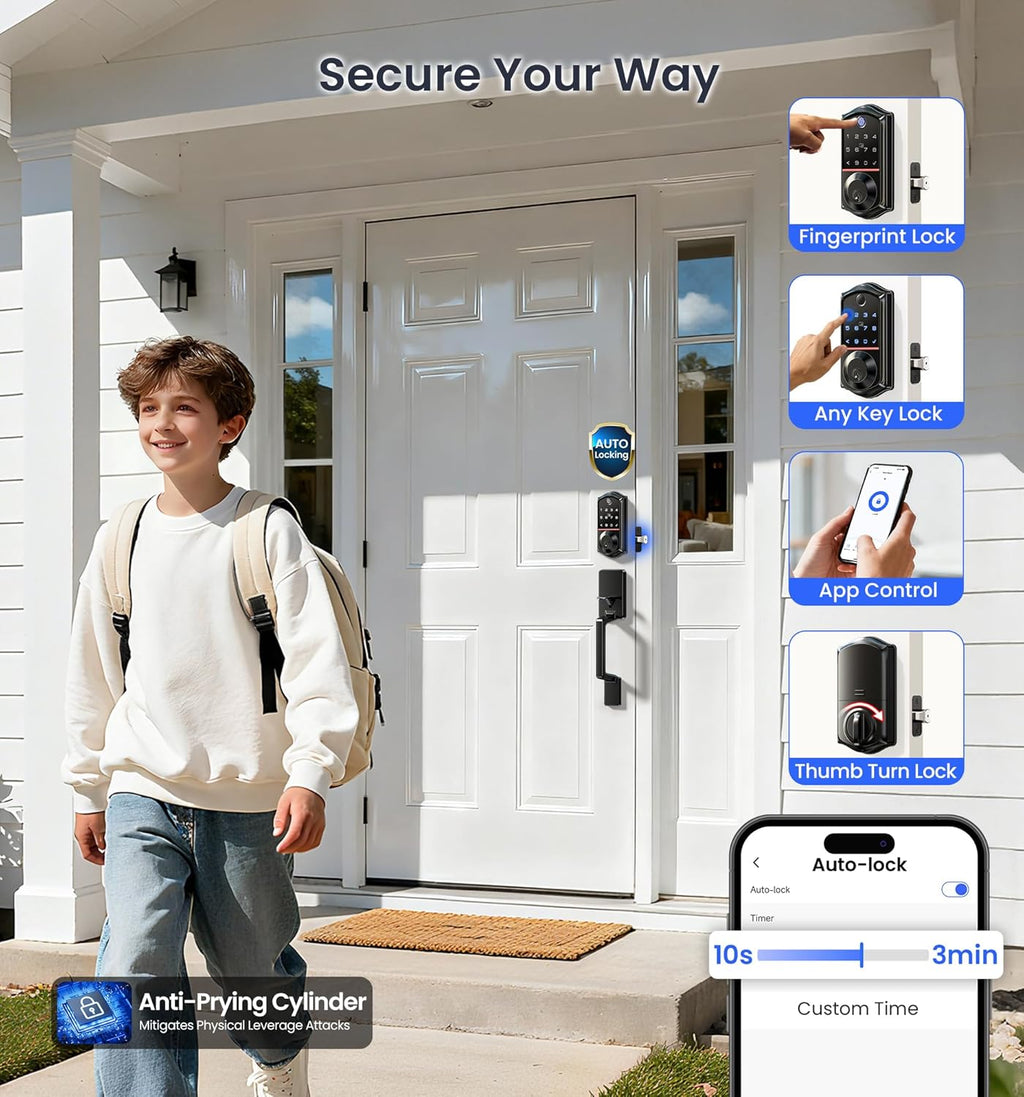 Veise VE017-D Fingerprint Smart Front Door Lock Set, App Control, 8-in-1 Keyless Entry Deadbolt with Lever Handle, Emergency Power Port, Auto Lock, Touchscreen Keypad, Easy Install, Matte Black