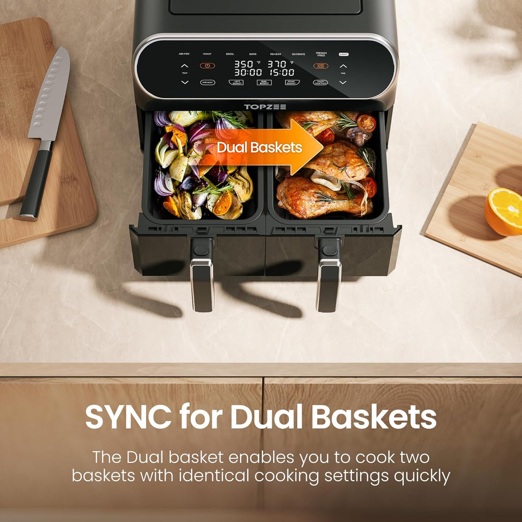 Topzee 8QT Dual Basket Air Fryer – Large 8-Quart Air Fryer with Independent Temperature Control, 8 Preset Functions, Match & Finish Together Mode, Clear Viewing Windows, Black