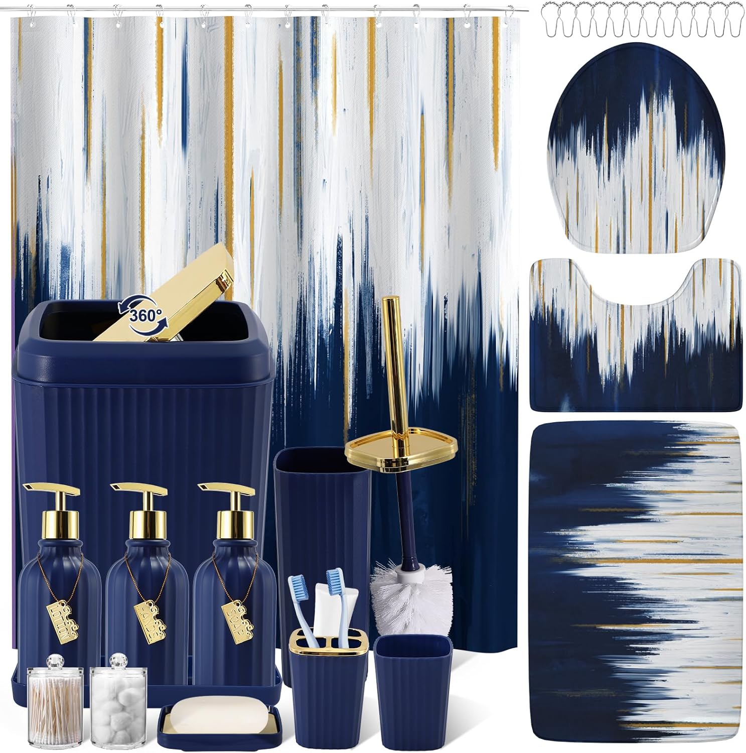 32PC Bathroom Sets with Shower Curtain and Rugs-Navy Blue Bathroom Accessories,Non Slip Bathroom Rugs Set with Toilet Lid Cover, Waterproof Shower Curtain, 3PC Soap Dispenser with Trash Can