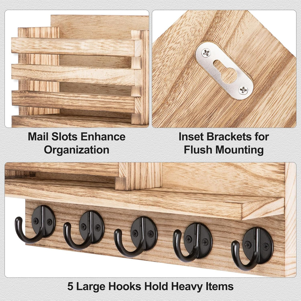 Key Holder for Wall – Decorative Wooden Mail Holder and Key Shelf with Mounting Hardware, Installation Guide – Paulownia Wood with 5 Metal Key Hooks (11.8” x 6.7” x 2.8”)