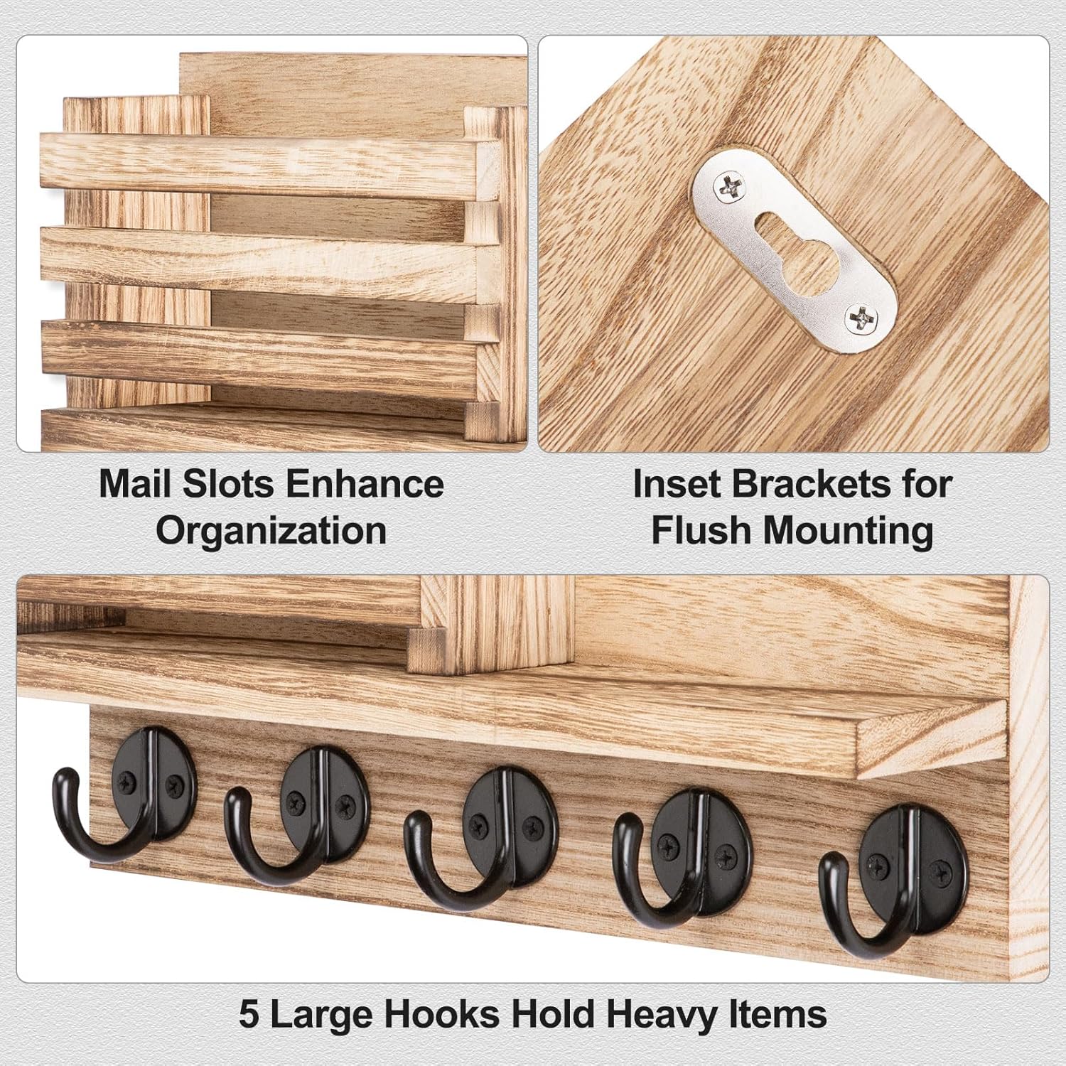 Key Holder for Wall – Decorative Wooden Mail Holder and Key Shelf with Mounting Hardware, Installation Guide – Paulownia Wood with 5 Metal Key Hooks (11.8” x 6.7” x 2.8”)
