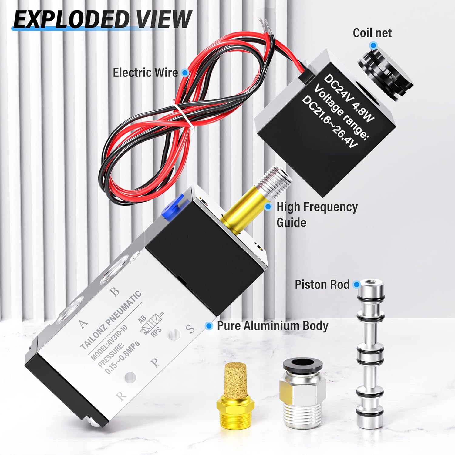 TAILONZ PNEUMATIC 3/8"NPT 24V Solenoid Valve 4V310-10 12V/24V/110V/220V Single Coil Pilot-Operated Electric 2 Position 5 Way Connection Type（Outlet wire）