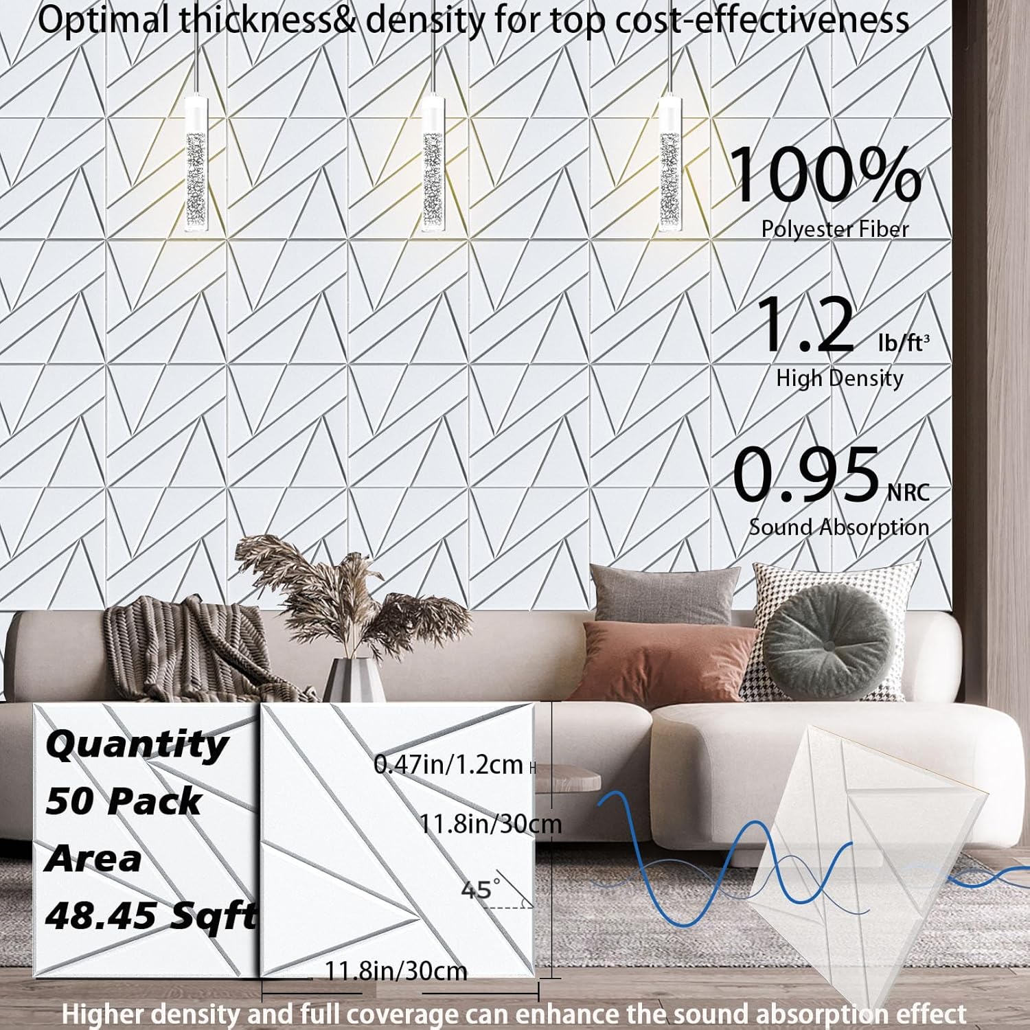 50 Pack Bulk Self-Adhesive Soundproof Wall Panels, 12 x 12 x 0.47 in Sound Proof Foam Panels for Walls, 1.2lb/ft³ High Density, Thicker 0.47in, Acoustic Panels, Duty for Large Walls White