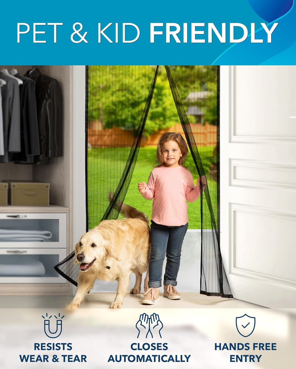 Flux Phenom Magnetic Screen Door (3 Pack) - Bugs Out, Breeze in - 9min Install Auto-Sealing Heavy Duty Double Stitched Mesh, Hands Free Sliding & Patio Doors Net, Pet & Kid Friendly, 38 x 82 Inch