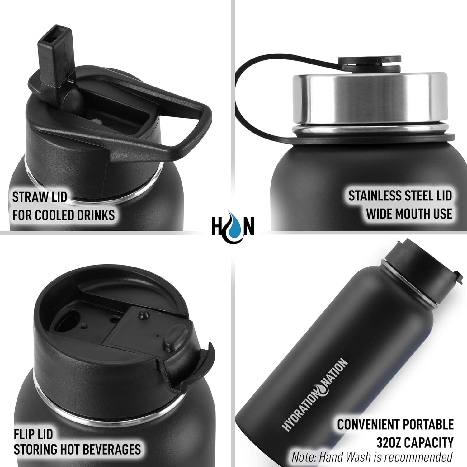 Hydration Nation 3 Lid Multi-Size Vacuum Insulated Water Bottles with Straw - Metal Water Bottle For Sports & Outdoor - Thermo Stainless Steel Water Bottle - Perfect for Hot & Cold Drinks (Black)