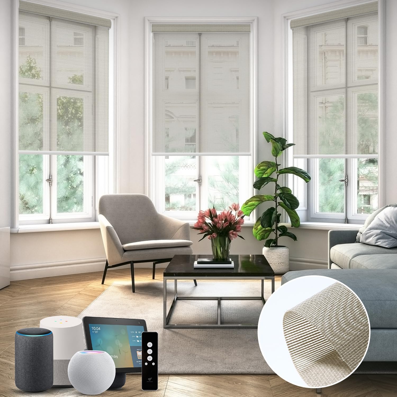 SmartWings Motorized Light Filtering Shades, 50% Blackout PVC Free Smart Blinds, Custom Size, Rechargeable Battery, Works with Matter/Apple HomeKit, Alexa, Thread/Zigbee, Remote Optional, 50% Stone