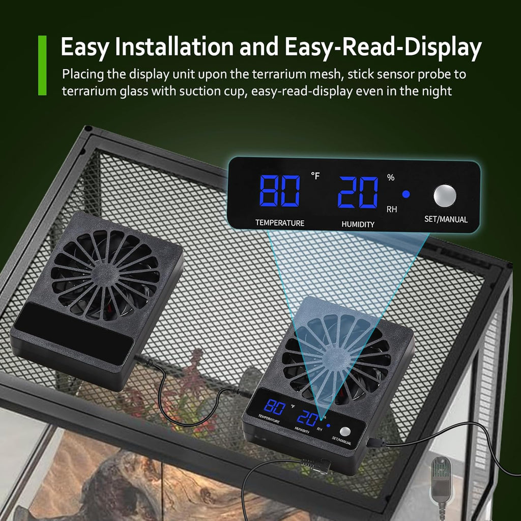 2 PCS Reptile Fans with Thermo-hygrometer | Real-Time Humidity Control Fan Dehumidifier for Enclosures, Aquariums & Terrariums