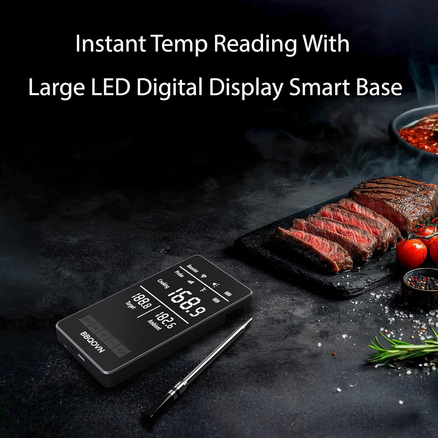 WiFi Sub-1G Wireless Meat Thermometer Unlimited Range 7 NIST Cert.Sensors IP68 With Ambient Temp Accuracy ±0.5°F APP&Magnet Smart Digital Base,Monitor for BBQ, Grill,Oven,Smoker(1,Black,Small)