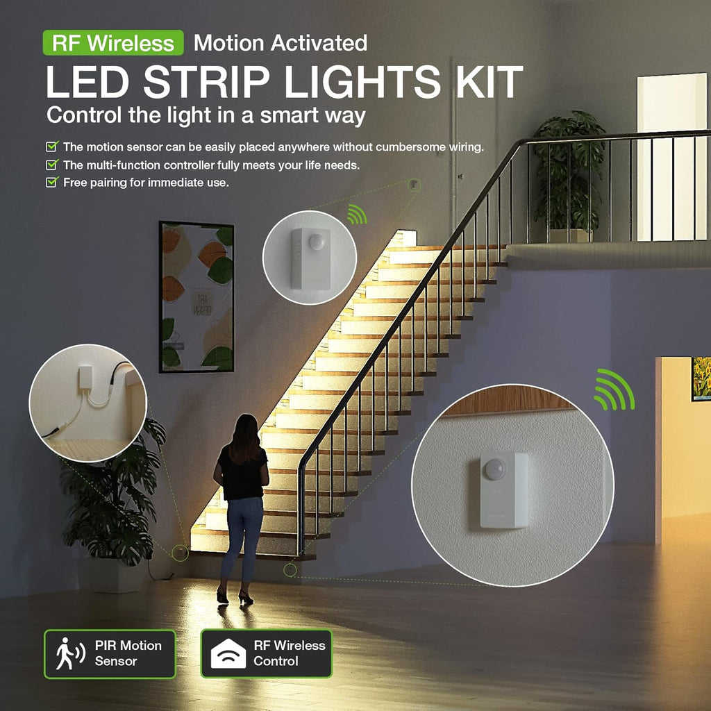 RAYZEEK Wireless Motion Activated LED Strip Lights,19.7FT LED Strip Lights with Power Adapter,RF Wireless Motion Sensor Control Dimmer,Timing,Warm White (1×Controller+2×Motion Sensor)