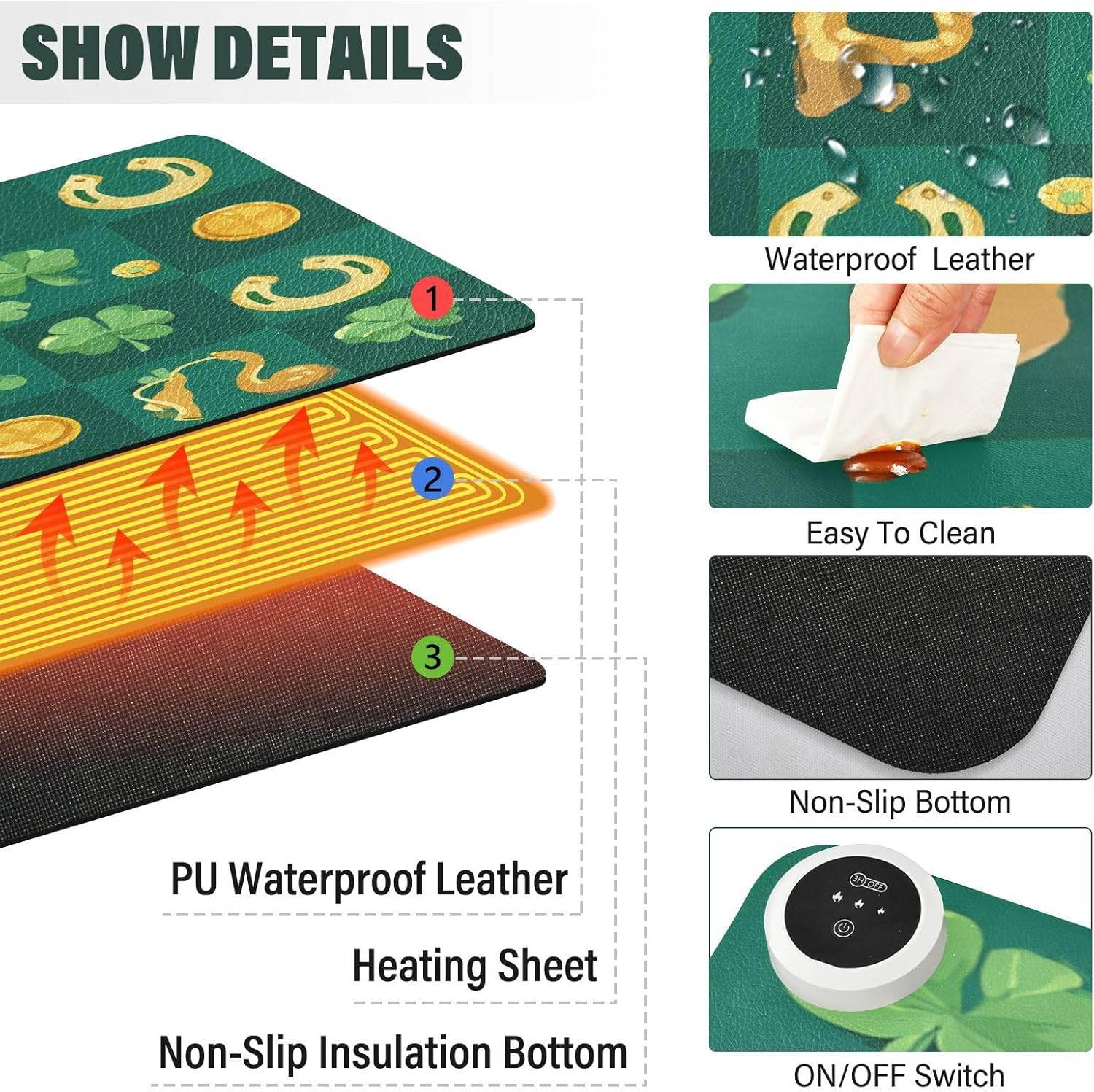 Heated Desk Pad Mouse Pad 31.5x13 Inch PU Leather Desk Mat with 3 Heat Levels Large Mouse Gaming Computer Laptop Mat Clover Dwarf St Patrick's Day