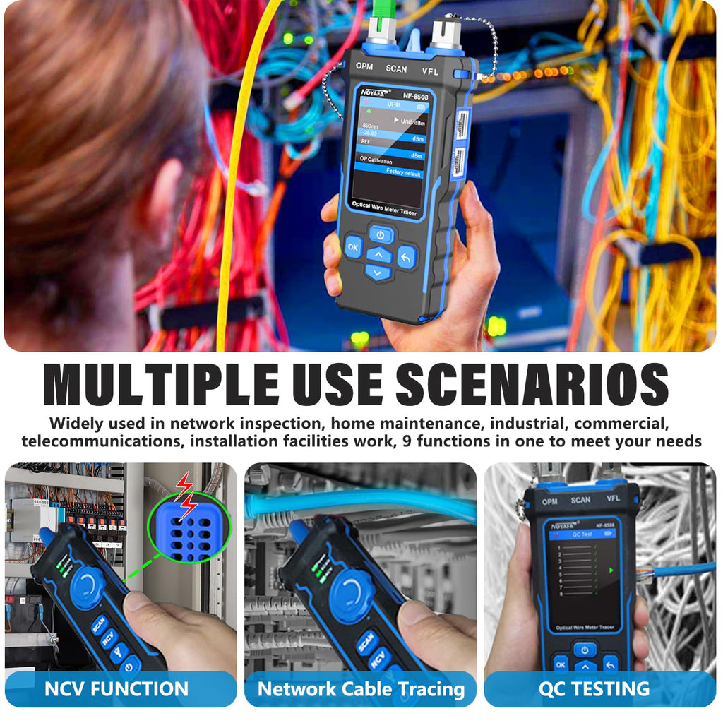 YILTION NF-8508 Network Cable Tester with Optical Power Meter VFL, RJ11 RJ45/PoE Tester/CAT5 CAT6/length Measurement, Telephone line Trace Meter with Headset, Network Tools