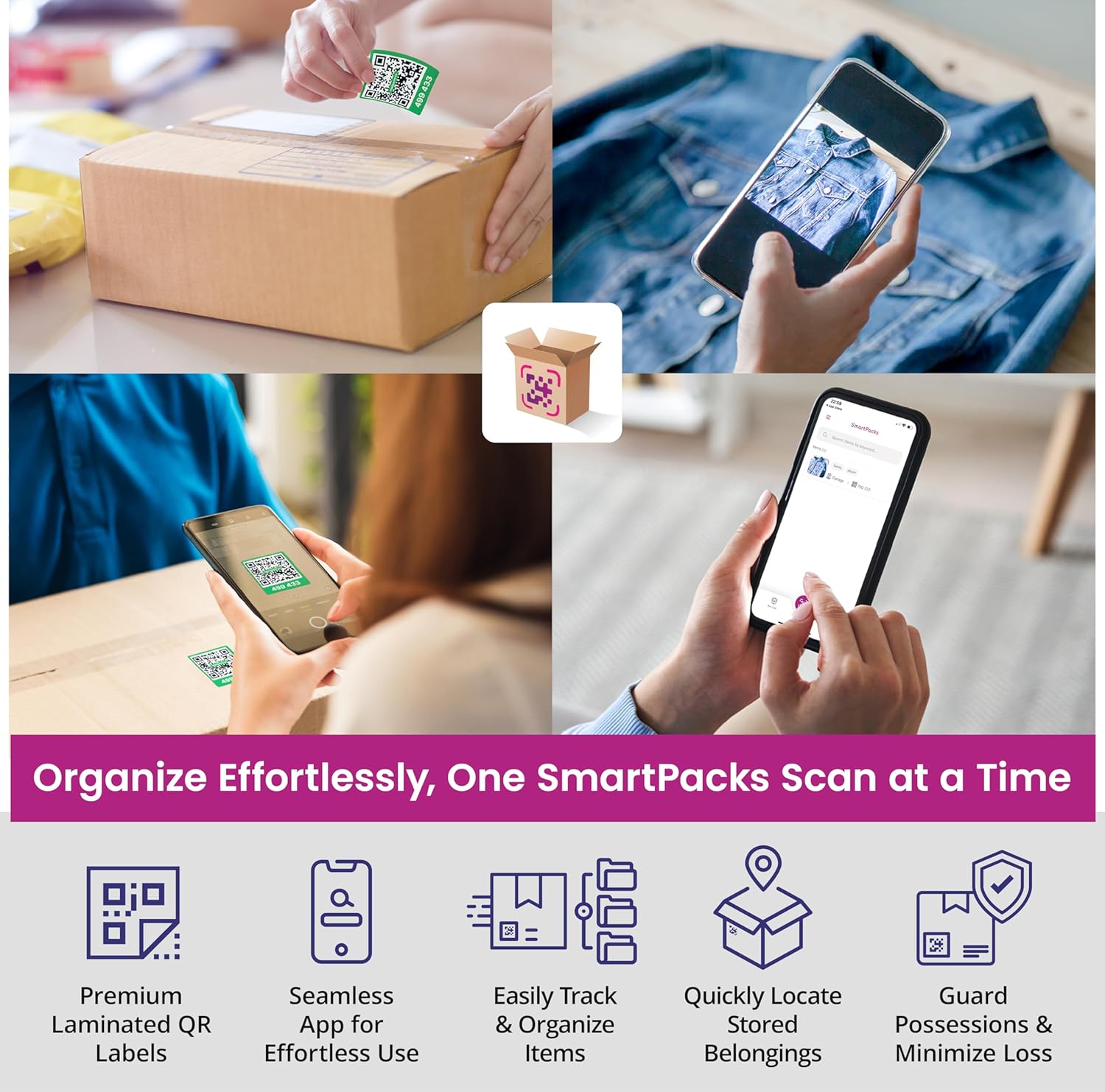 SmartPacks Colored QR Stickers - Premium Smart Labels for Storage Bins with AI-Powered App | Advanced Pack and Track Labels with QR Code for Inventory, Storage, Moving | 64 Stickers