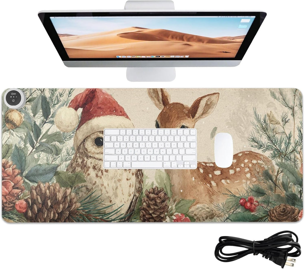 Heated Desk Pad Mouse Pad 31.5x13 Inch PU Leather Desk Mat with 3 Heat Levels Large Mouse Gaming Computer Laptop Mat Beige Christmas Owl Deer Pinecorns