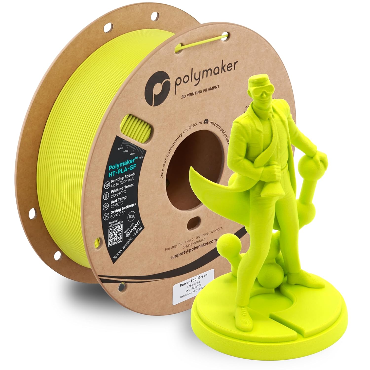 Polymaker HT-PLA-GF Filament 1.75mm Power Tool Green, High Temp PLA for 3D Printing, Heat Resistant to 150°C, Easy to Print, Easy to Anneal, Works with Most FDM Printers, 1kg Spool