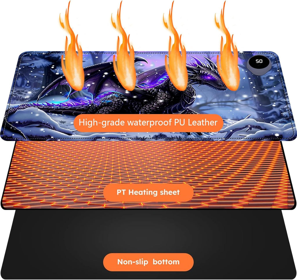 Heated Mouse Pad with 3 Levels Heated & 3 Hours Auto Shut-Off Mouse Pad for Warming Hands in Office Home, 31.5" x 13"Large Safe Desk Mat Hand Warmer，Purple Flying Dragon