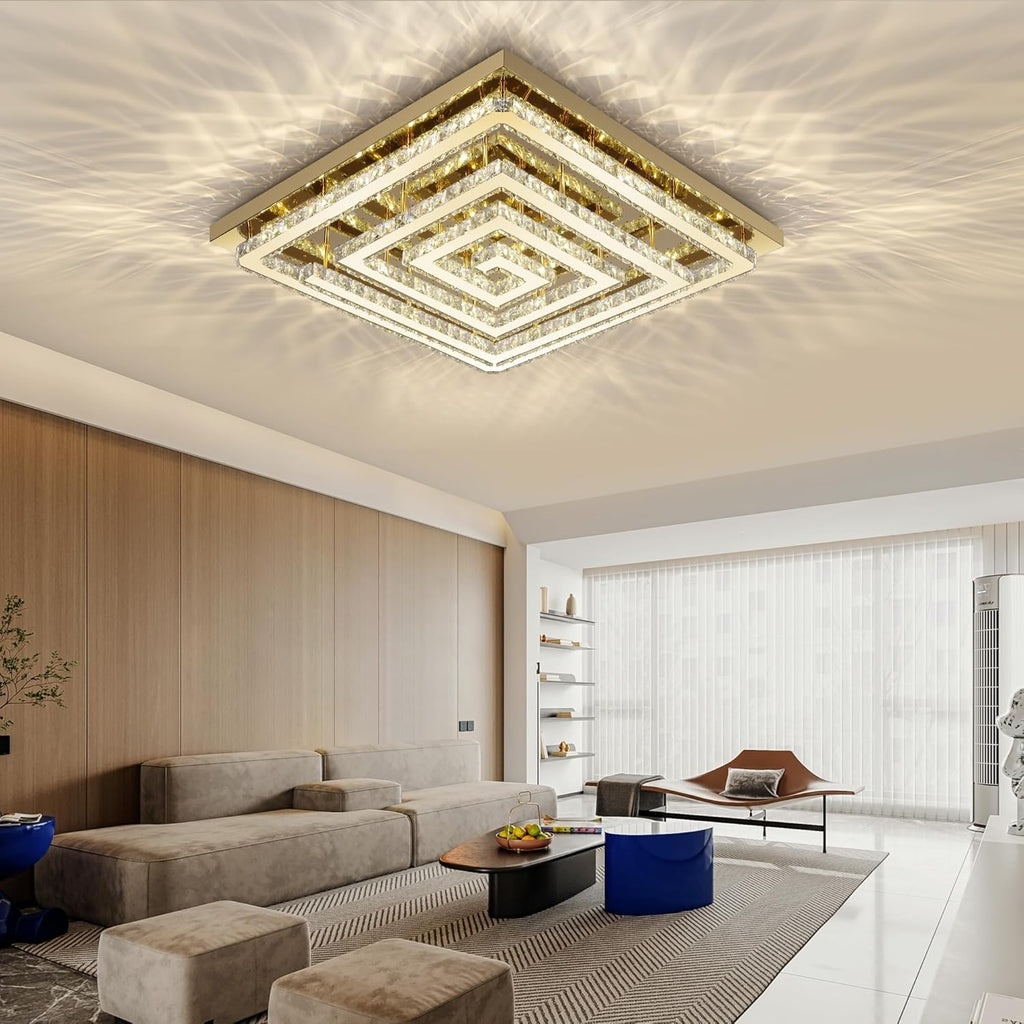 43" Modern Gold Crystal Chandelier with Remote/App Control, Dimmable Flush Mount Ceiling Light Fixture,3-Color Temperature, Led Ceiling Lamp for LivingRoom Bedroom Kitchen DiningRoom Entryway
