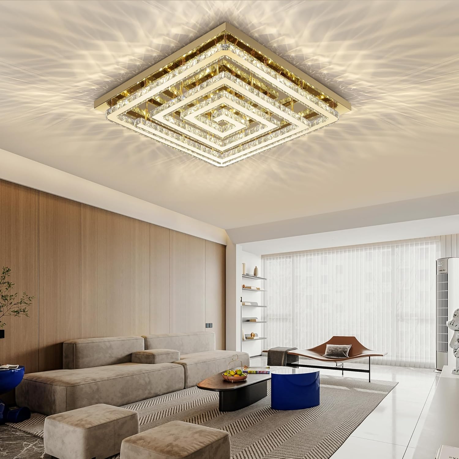43" Modern Gold Crystal Chandelier with Remote/App Control, Dimmable Flush Mount Ceiling Light Fixture,3-Color Temperature, Led Ceiling Lamp for LivingRoom Bedroom Kitchen DiningRoom Entryway