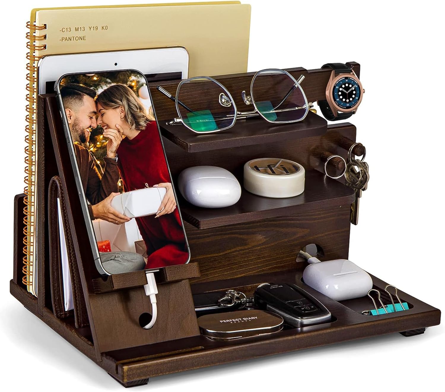 KOCWELL Wood Phone Docking Station, Gifts for Men, Nightstand Organizer Wood for Phone Tablet Earphones Watch Wallet Rings Pens Keys Notebook etc, Birthday Gifts for Men Husband Dad Boyfriend