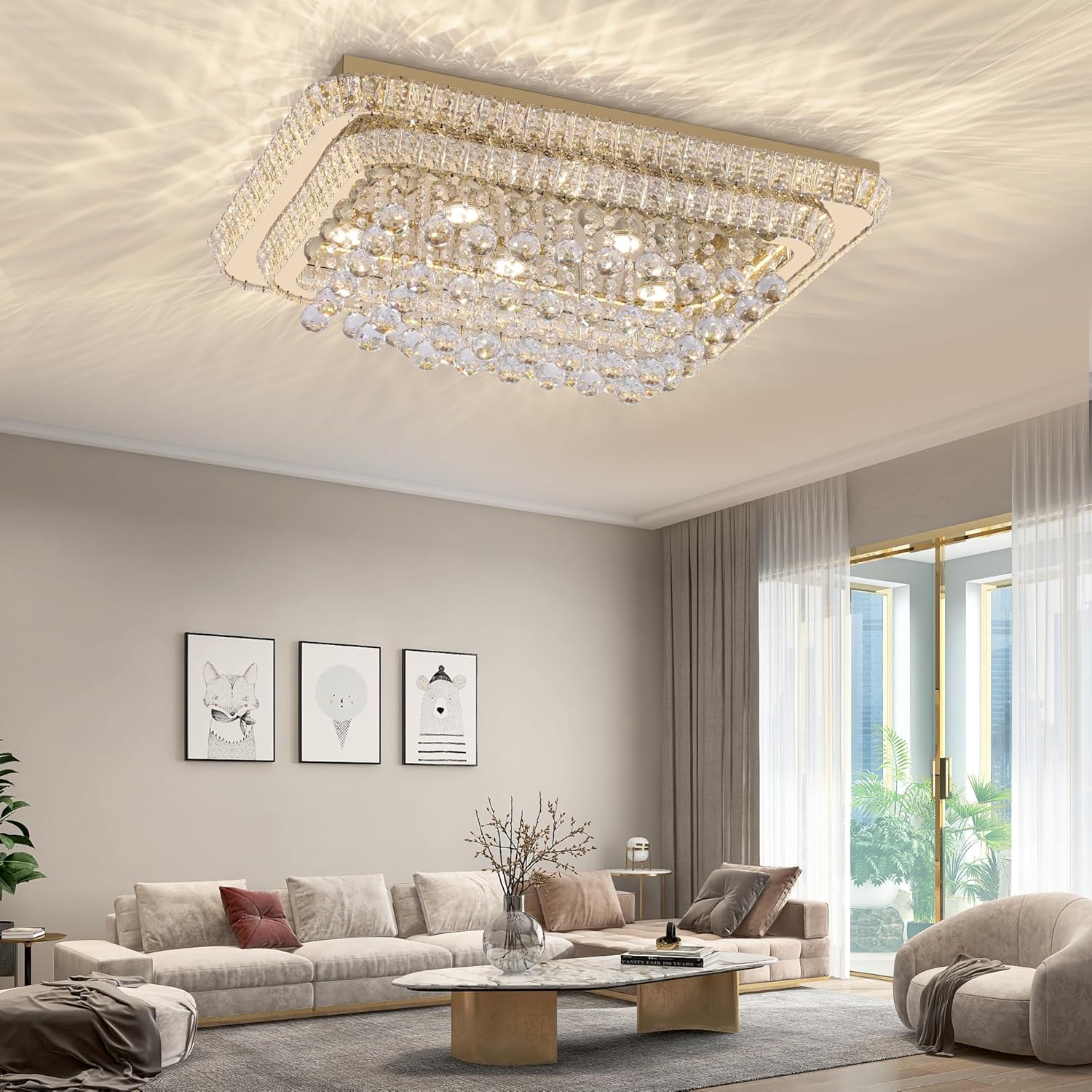 32 inch Crystal Flush Mount Gold Chandelier Remote/APP, Modern Raindrop LED Ceiling Light, 3CCT Dimmable & Brightness Adjustable,Elegant Chandeliers for Bedroom Hallway Dinning Room Living Room