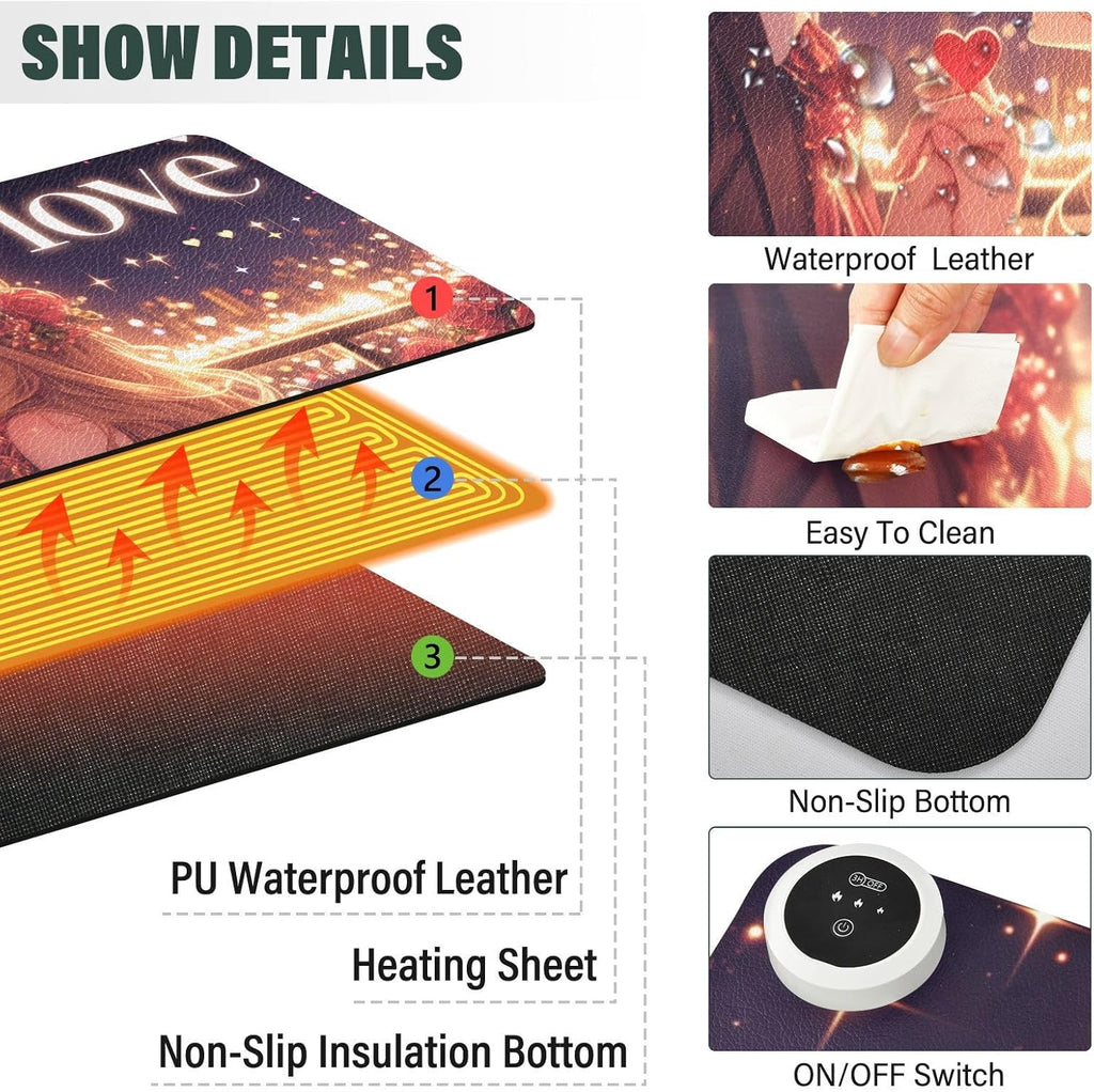 Large Heated Mouse Pad,Leather Desk Mat,31.5"x13",Hand Warmer Pads for Desk,Love(Love)