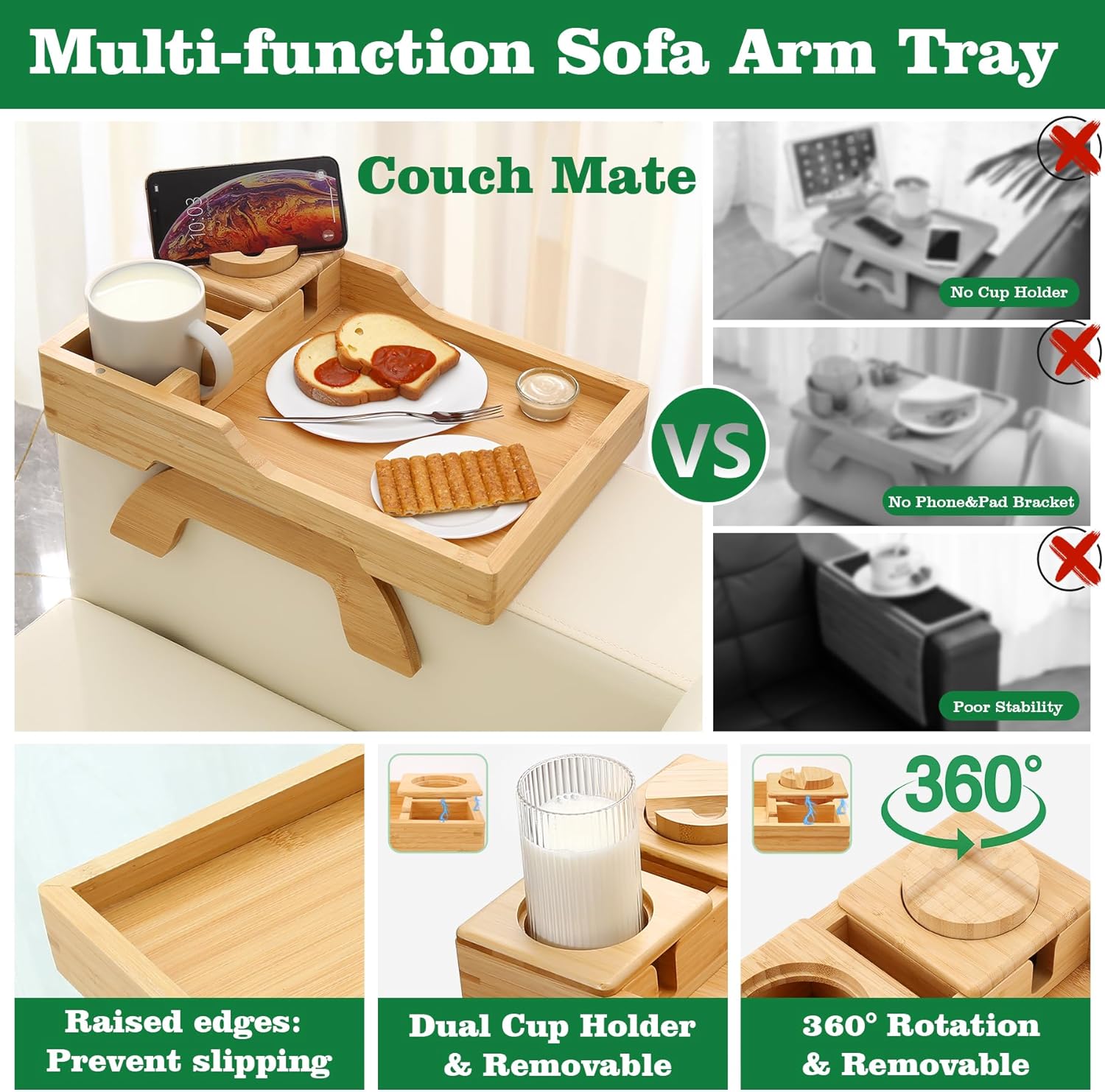 Bamboo Couch Cup Holder, 4 in 1 Couch Arm Trays with 360°Rotated Phone Holder, Non-Slip Clip on Side Table for Drinks/Remote/Snacks, Ideal Gift for Husband, Wife, Parents