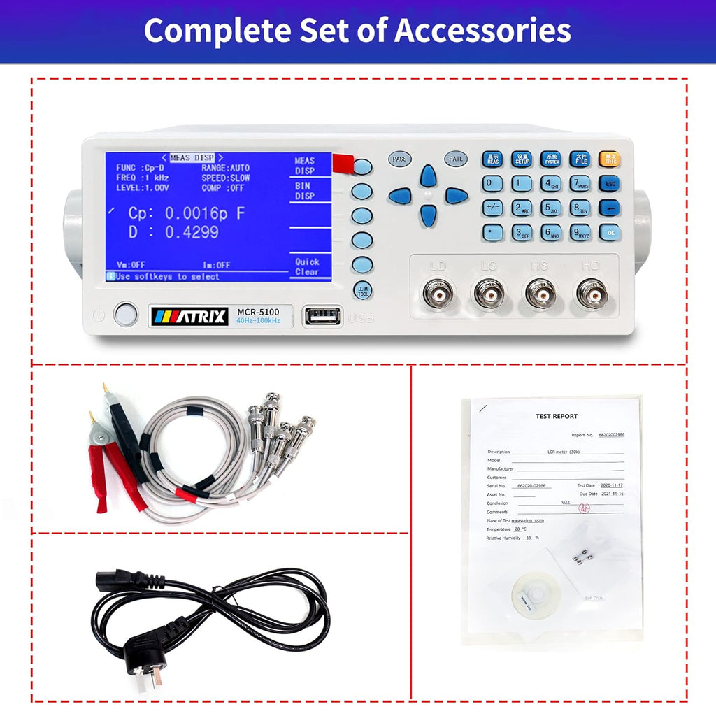 MATRIX LCR Meter, Capacitance Meter 40Hz-100kHz, Inductance Meter Accuracy 0.1%, Digital Multimeter with 32-Bit Core Processor, Electronic Component Tester 30Ω/100Ω Two Output Resistance, MCR-5100