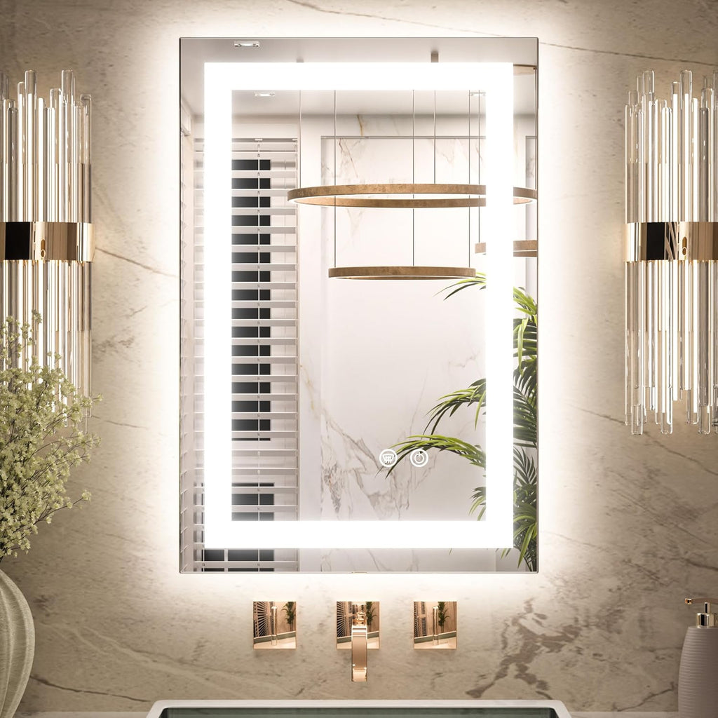 Keonjinn LED Mirror for Bathroom 16 x 24 Inch, Frontlit & Backlit Bathroom Vanity Mirror with 3 Color Lights, Lighted Bathroom Mirror with Anti-Fog, HD Tempered Glass, UL-Listed LED Driver, CRI90+