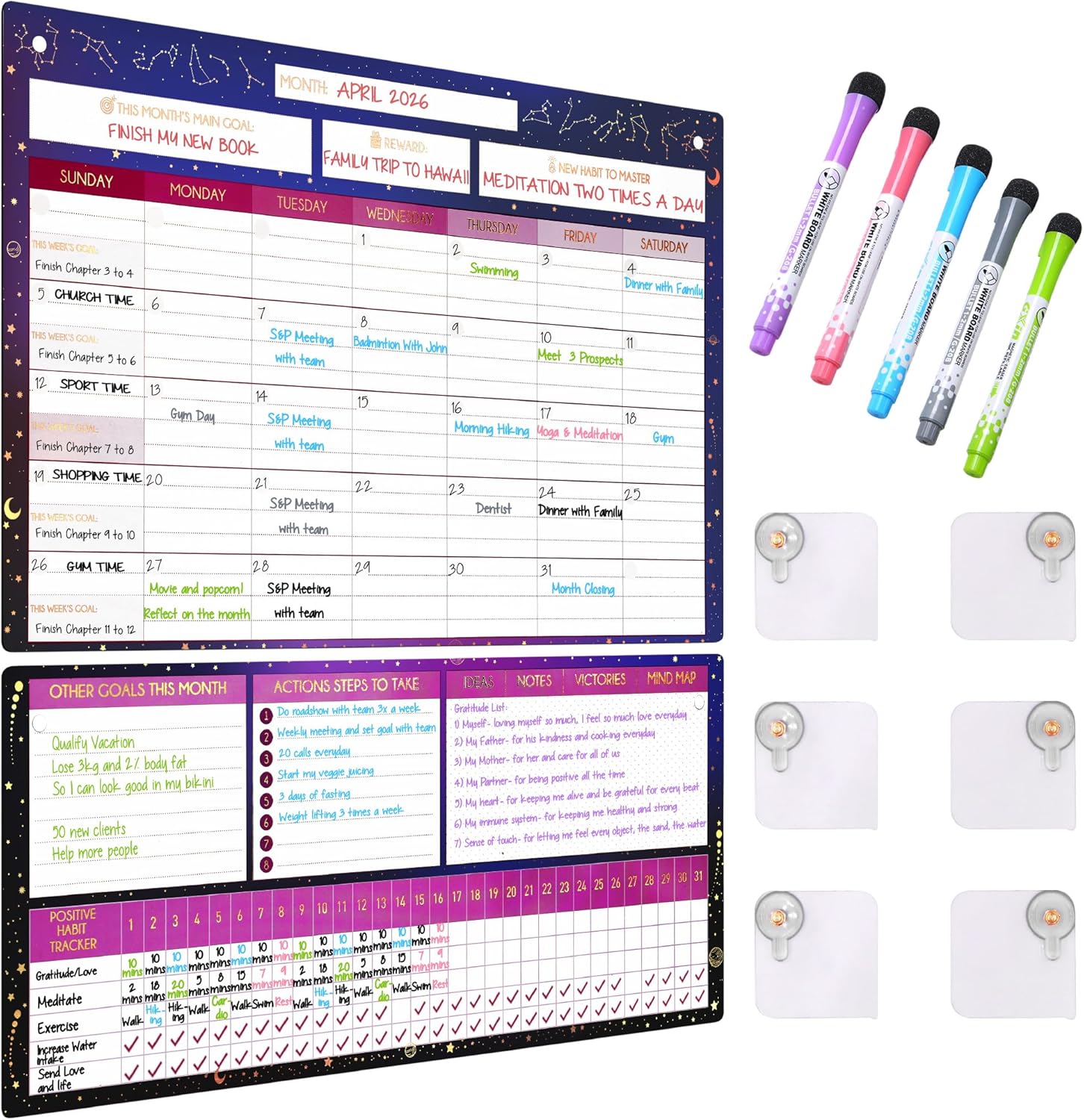 Magnetic Whiteboard for Fridge - Large Dry Erase Calendar for Wall | 2 Magnetic Dry Erase Board 10.5" x 16.5" & 7" x 16.5", Monthly Goal Setting & Habit Tracker, 5 Markers and 6 Adhesive Hooks
