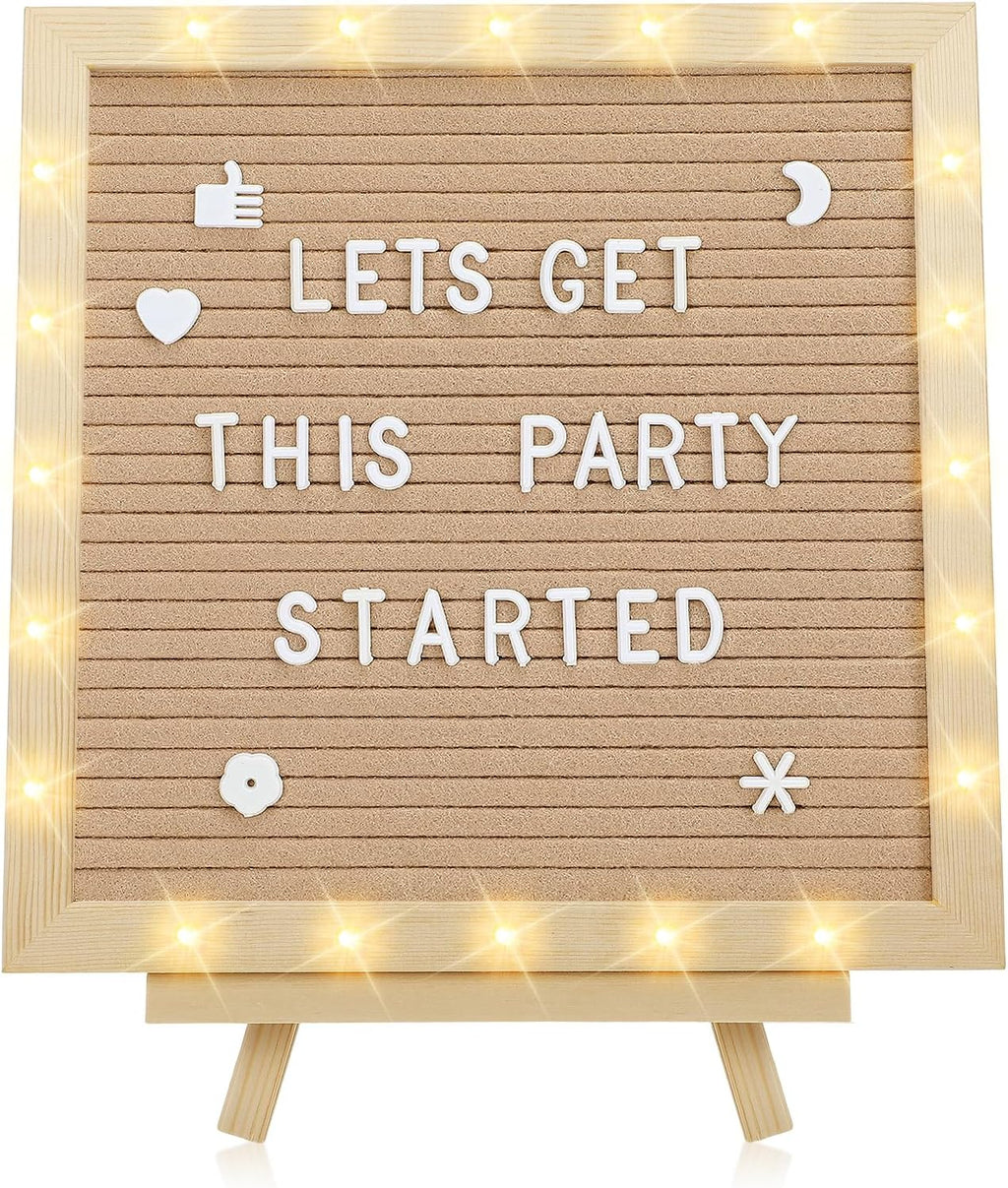 Changeable Felt Letter Board with LED Lights - 10×10" Message Custom Signs & Wood Stand & 450 Letters, Poster Board for Valentine's Day/Baby/Pregnancy Announcement/Classroom Wall Decor Gifts, Camel