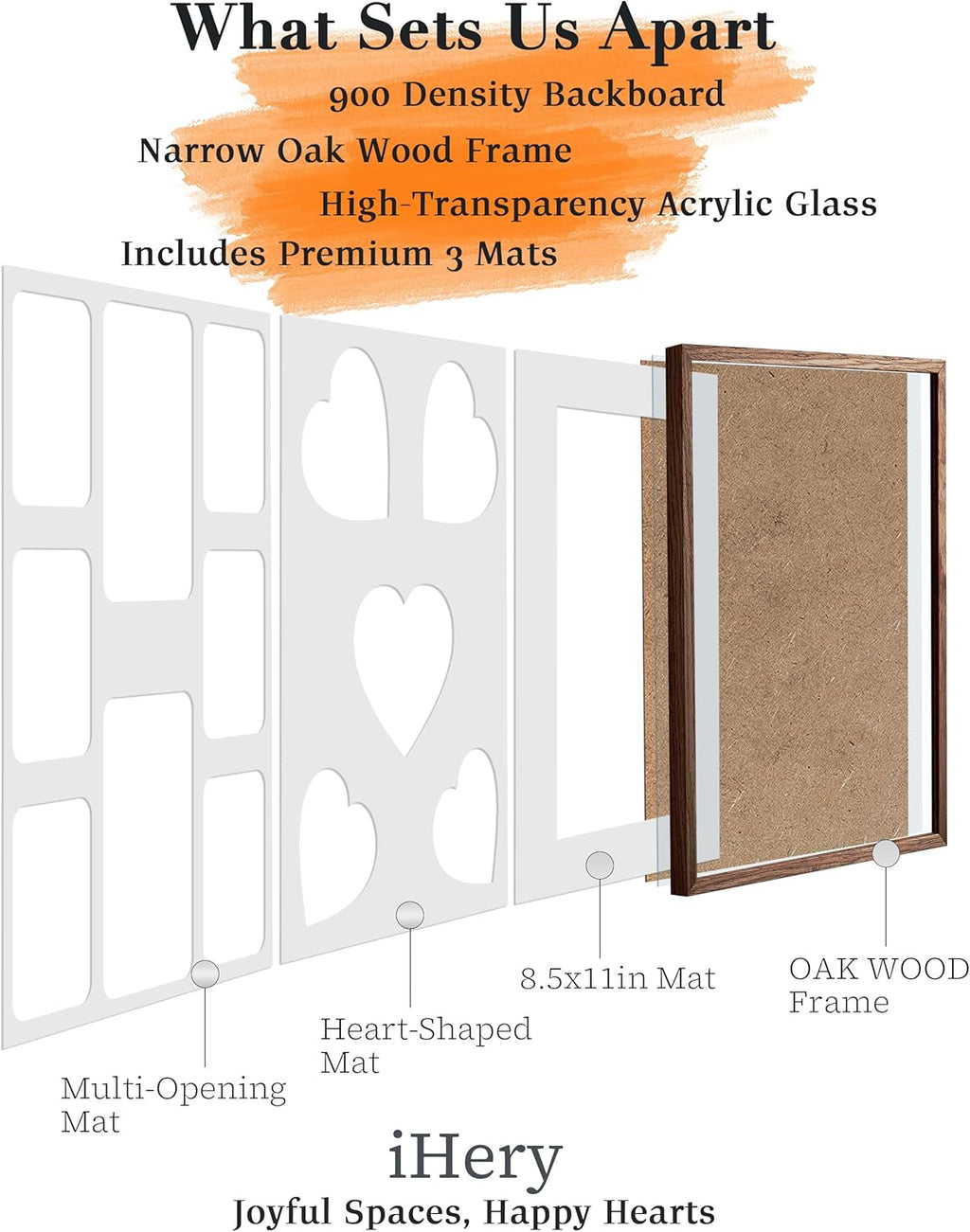 iHery Standard 12x16in Natural OAK Wood Picture Frames Collage For Wall Decor, Walnut Color Includes 3 Mats (Heart, 4x6/5x7 Multi-Opening, 8.5x11) DIY Gallery Photo Display Mom Birthday Gift 1Pack