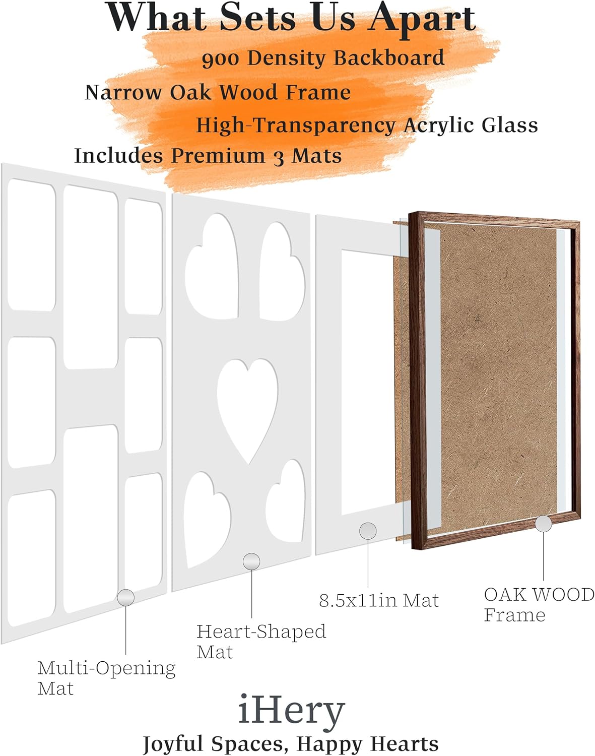 iHery Standard 12x16in Natural OAK Wood Picture Frames Collage For Wall Decor, Walnut Color Includes 3 Mats (Heart, 4x6/5x7 Multi-Opening, 8.5x11) DIY Gallery Photo Display Mom Birthday Gift 1Pack