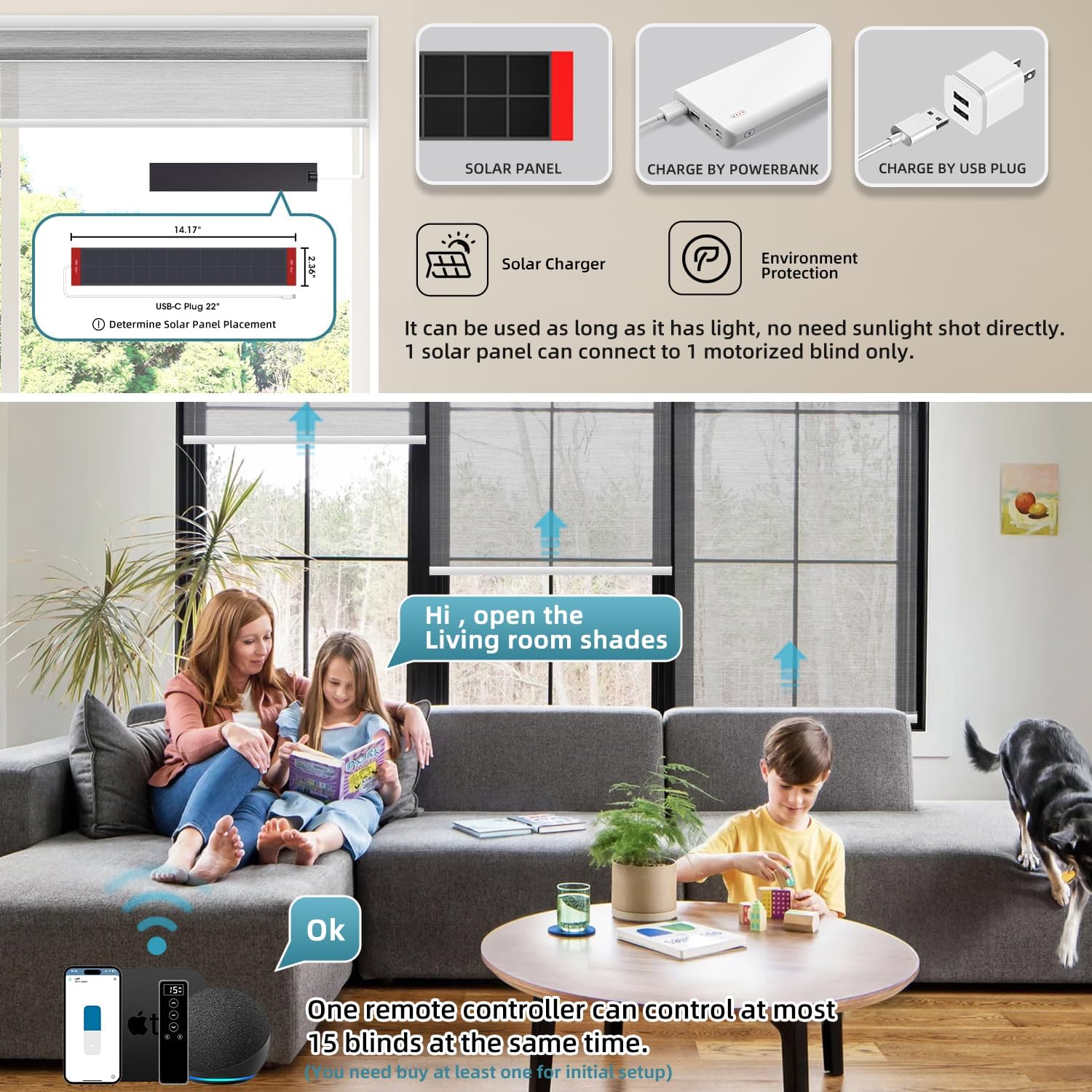 SmartWings Motorized Light Filtering Shades, 50% Blackout PVC Free Smart Blinds, Custom Size, Rechargeable Battery, Works with Matter/Apple HomeKit, Alexa, Thread/Zigbee, Remote Optional, 50% Silver