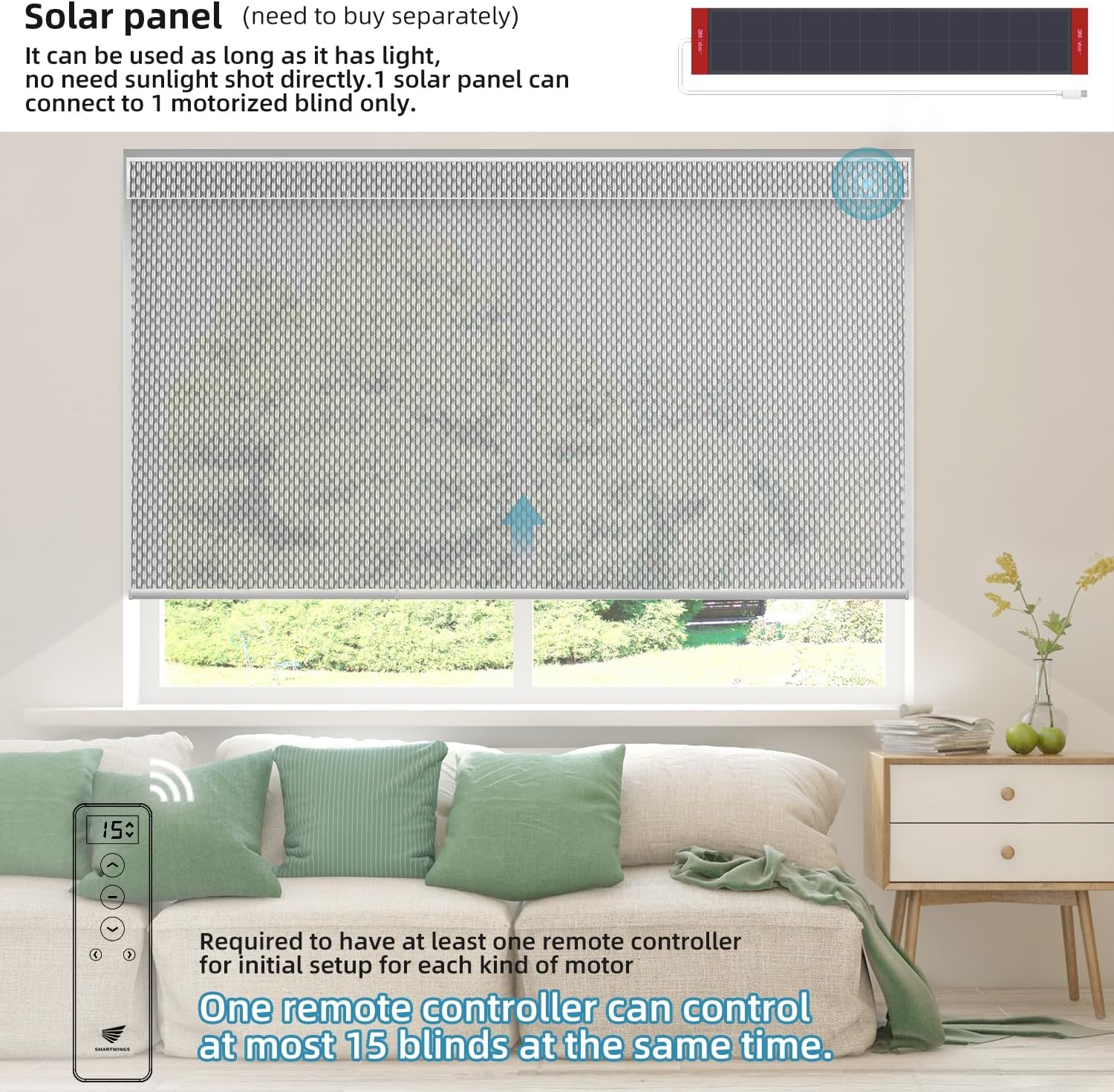 SmartWings Motorized Roller Shades 5% Openness Work with Homekit, Alexa SmartThings Google, Zigbee Motor Smart Blinds for Windows, Cordless Remote Window Shades, Rechargeable, Customized, White Grey
