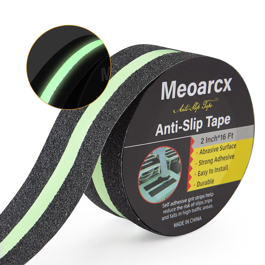 Anti Slip Traction Tape with Glow in Dark Green Stripe, 2 Inch x 16 Feet Waterproof Grip Tape, High Friction Abrasive Adhesive Non Slip Tape for Indoor and Outdoor Stairs, Black