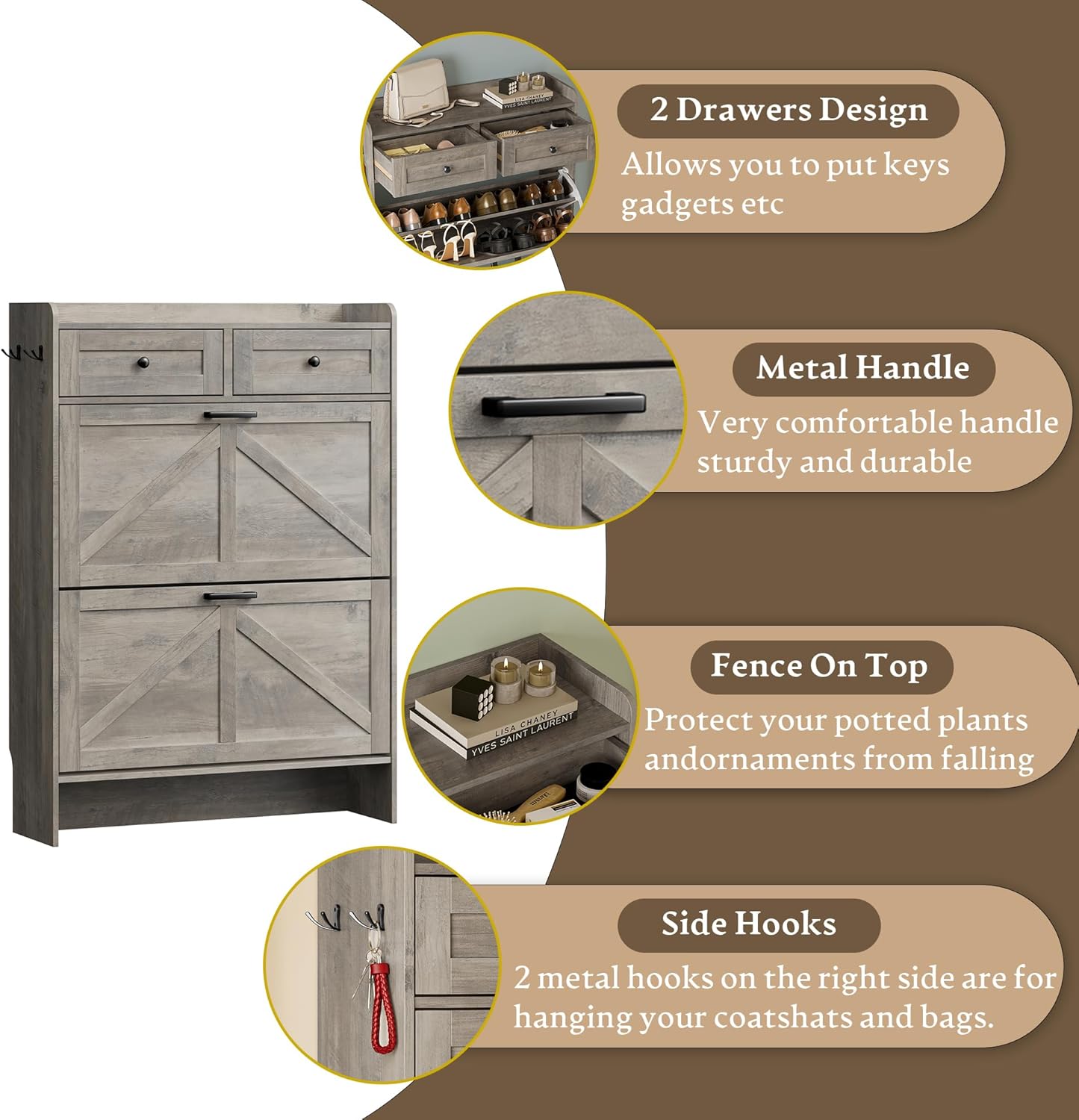 Shoe Storage Cabinet for Entryway, Farmhouse Narrow Shoe Cabinet with 2 Flip Drawers & Top Drawers, Adjustable Shelves & Hooks, Freestanding Hidden Rack Organizer for Hallway, Foyer
