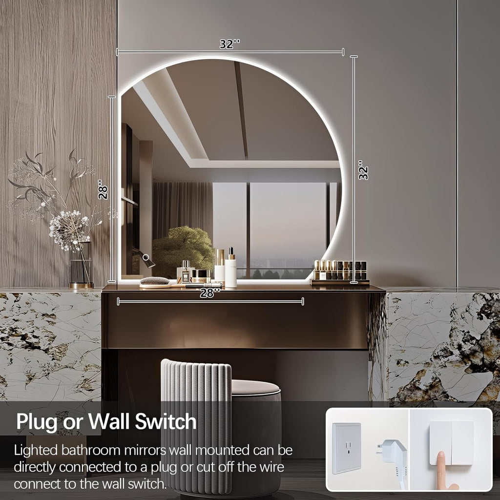 Niccy Half Moon LED Mirror for Bathroom, 32" Backlit + Front Lit Lighted Semi Round Makeup Mirrors for Wall, Anti-Fog, Dimmable 3-Colors, Memory Function, Shatterproof Smart Vanity Mirror