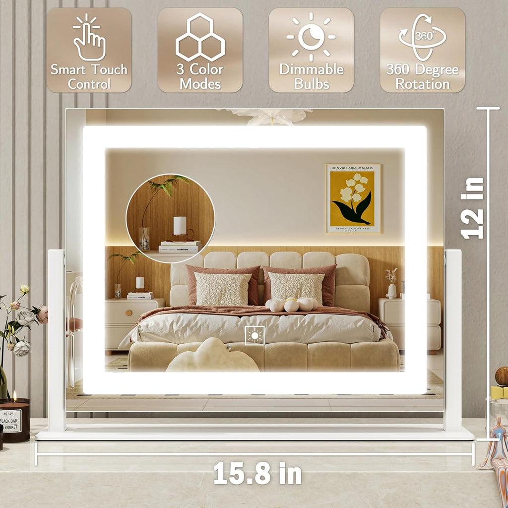 ROLOVE 16x12 Inch Vanity Mirror with Lights, Lighted Makeup Mirror with 10X Magnification, Smart Touch 3 Colors Dimmable, Dresser Mount, Bathroom (White)