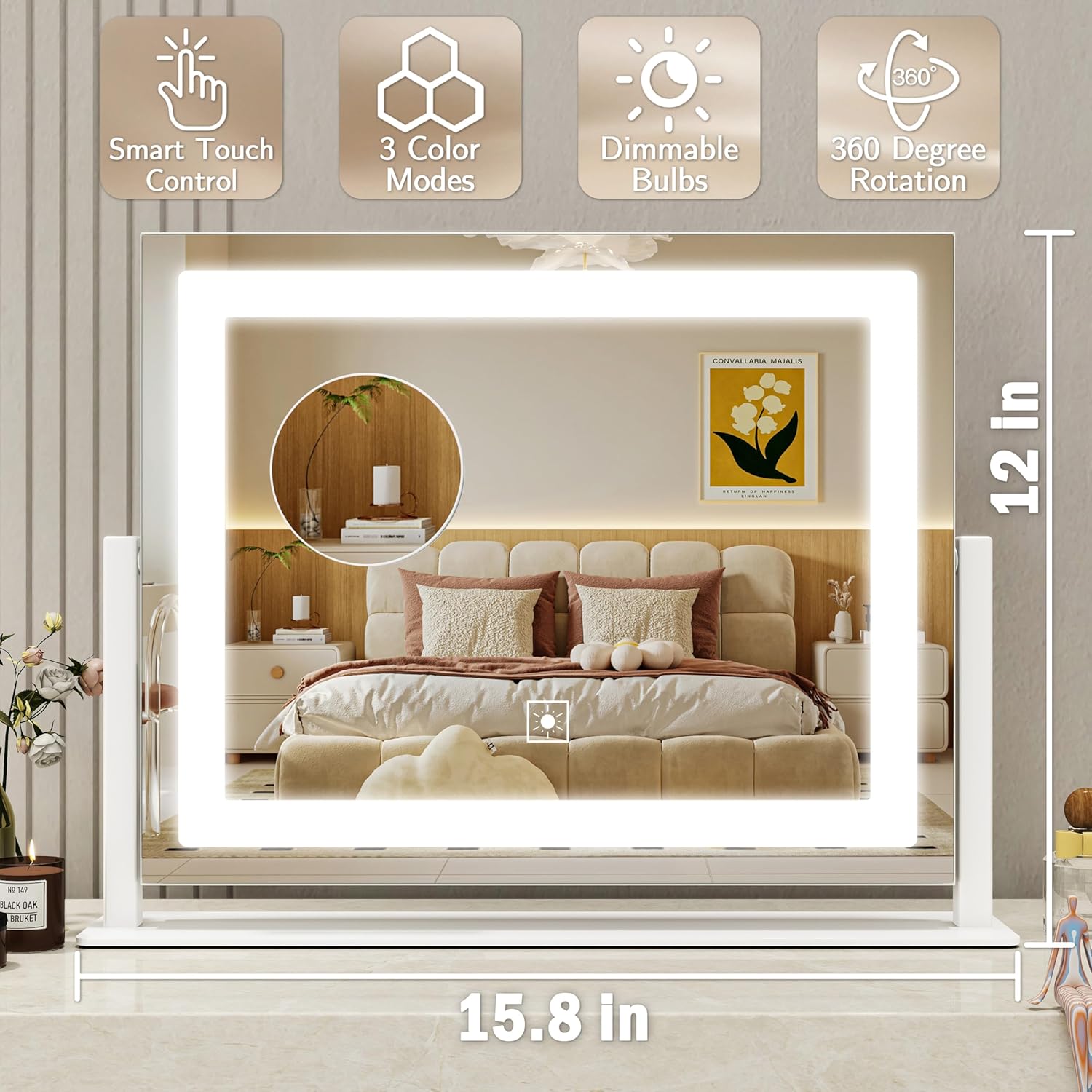 ROLOVE 16x12 Inch Vanity Mirror with Lights, Lighted Makeup Mirror with 10X Magnification, Smart Touch 3 Colors Dimmable, Dresser Mount, Bathroom (White)