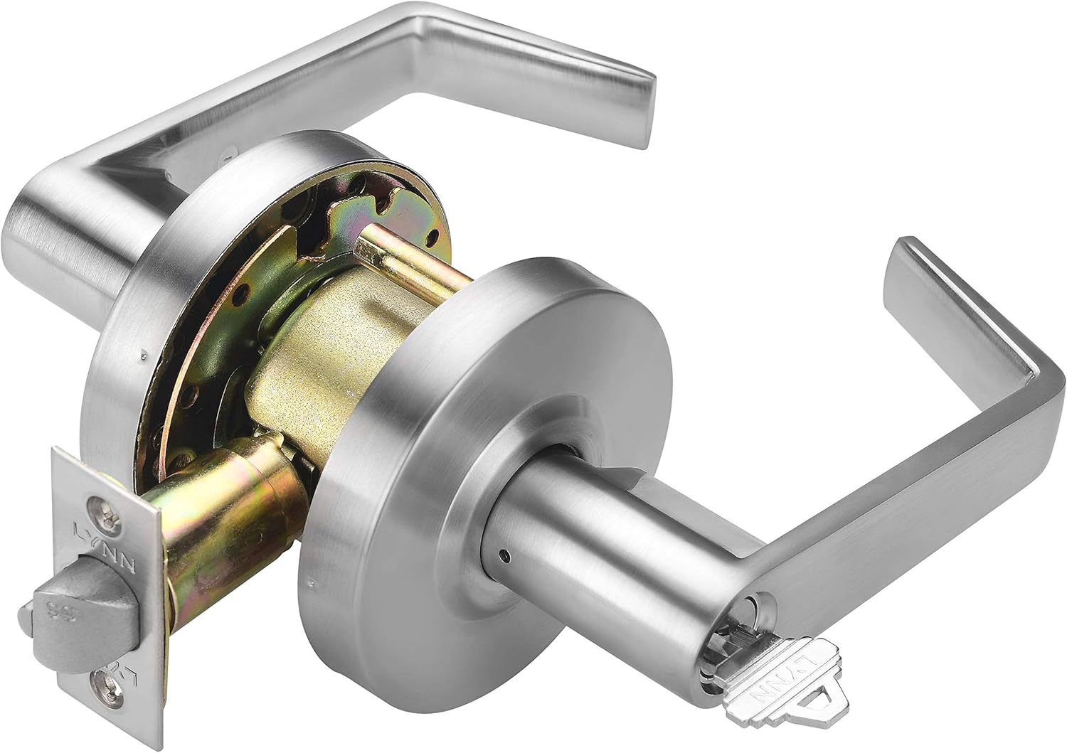 LYNN HARDWARE Commercial Door Lever Lock - Heavy-Duty Locking Door Handle, Designer Door Handles, Cylindrical Lever Lock, Non-Handed Grade 2 Door Handle, Satin Chrome, Entrance Keylock w/Clutch